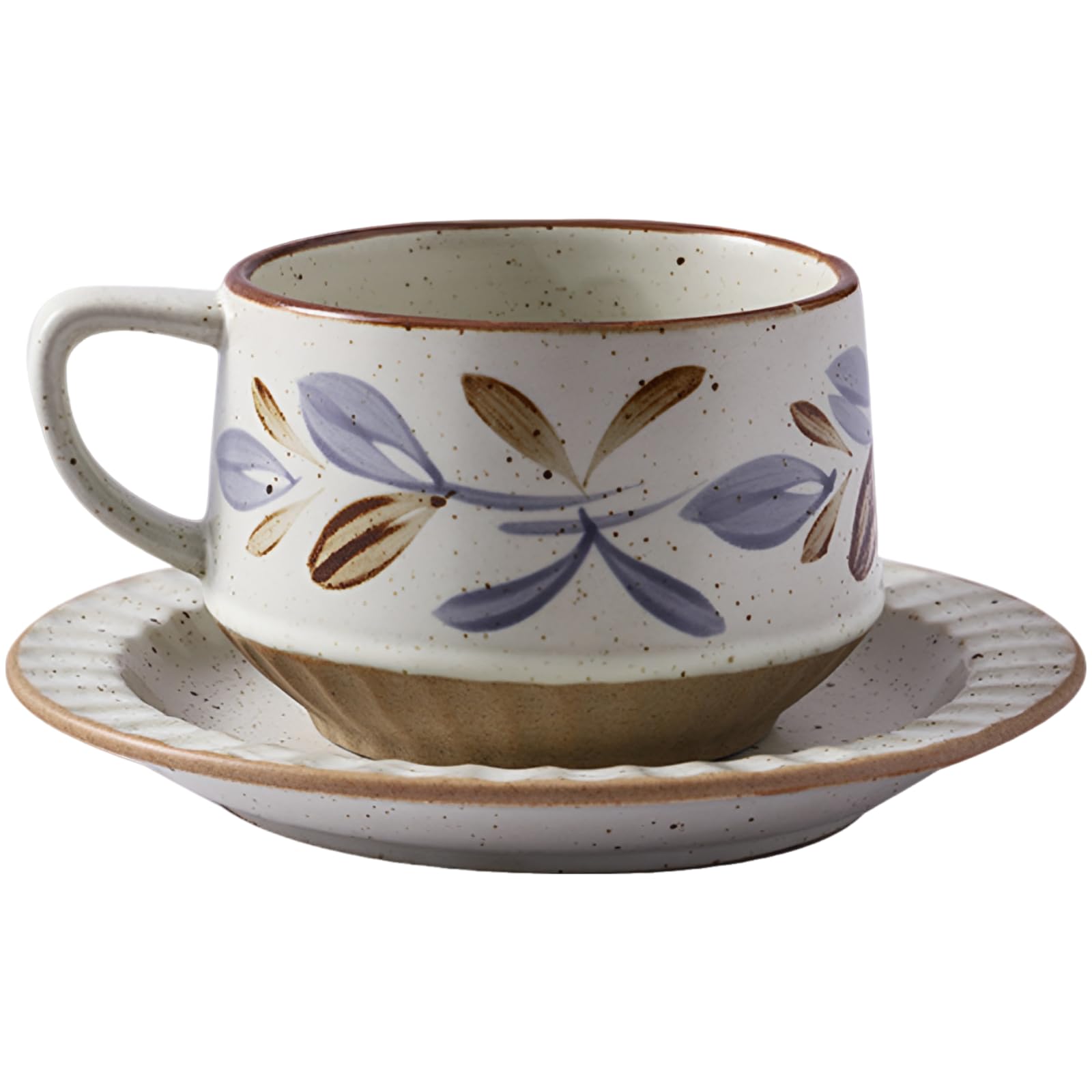 Mug et Soucoupe en poterie Brute, Motif Floral rétro Peint à la Main, céramique 300 ML, émail Effet Four, Grande Anse, Tasse 9 x 6,7 cm, Soucoupe 15 x 2 cm, pour Latte, Maison, Bureau