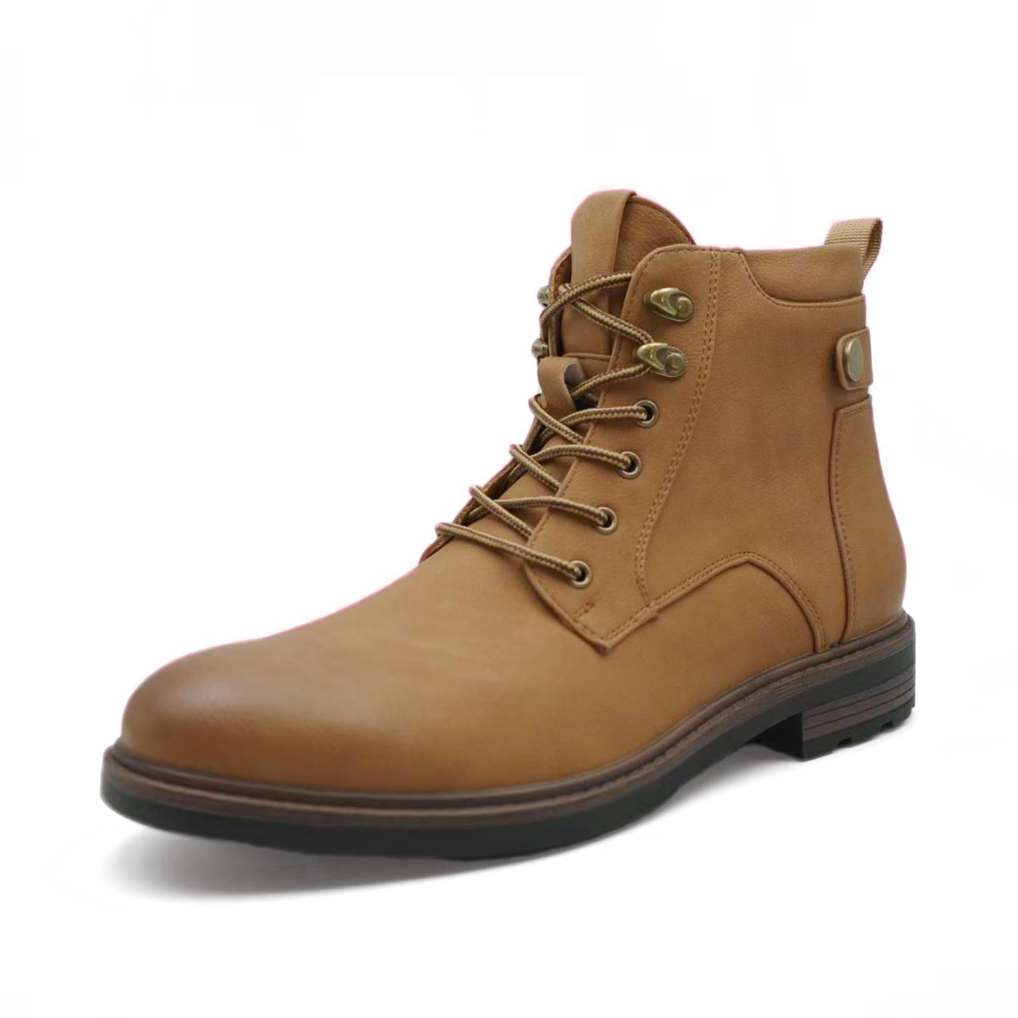 Finishing & Sewing Stivali da combattimento classici con lacci, in pelle marrone chiaro, stivali da lavoro in stile militare con occhielli in metallo, suola in gomma resistente