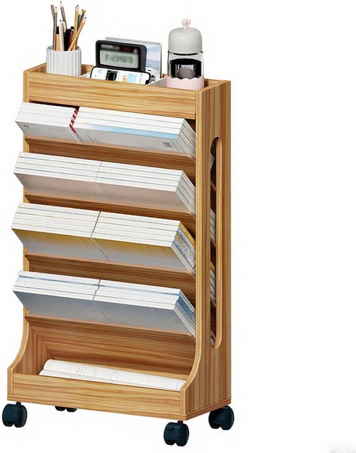 6 Tier Rolling Book Cart with Lockable Wheels,Wood Rolling Utility Cart,Book Truck for Study Office Kitchen Classroom(Walnut)