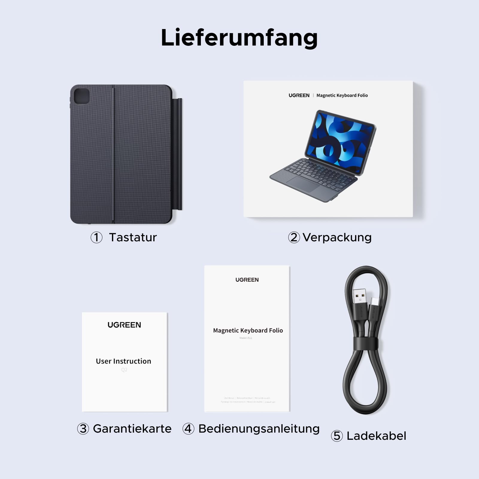 UGREEN iPad Hülle mit Tastatur, Keyboard mit Touchpad, Hintergrundbeleuchtung, Scherenstruktur, Abnehmbar, Kompatibel mit iPad Air M4/M3/M2/M1 11", iPad Air 4 10.9", iPad Pro 2022/2020/2018 11"