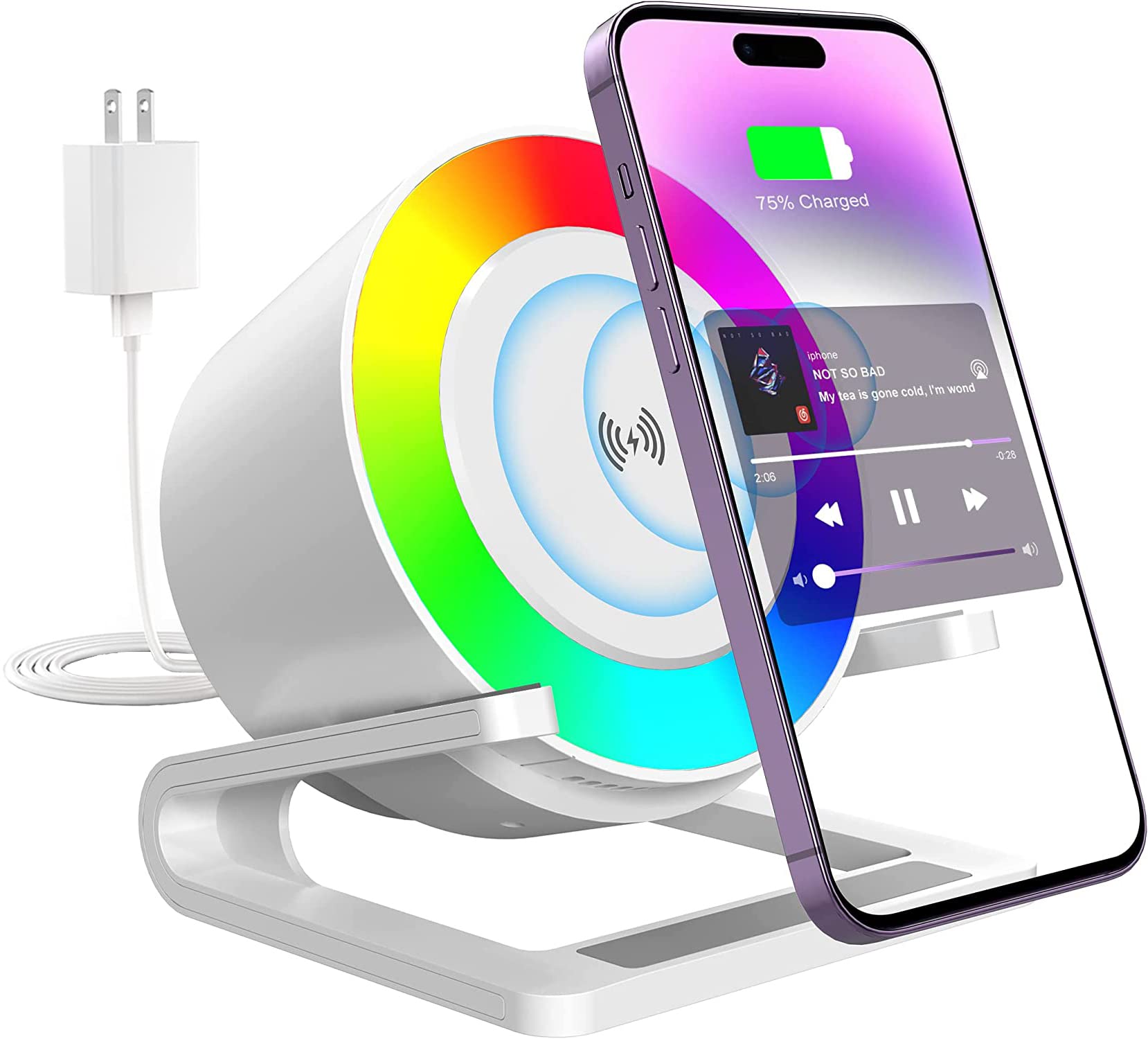 Bluetooth Wireless Charger Speakers with Nightlight, 15W Fast Charging, Bedside Lamp Music Sync RGB Light Phone Stand for iPhone 14 13 12 Pro Max Samsung, Gifts for Women Men Girls Boys Ideas (White)