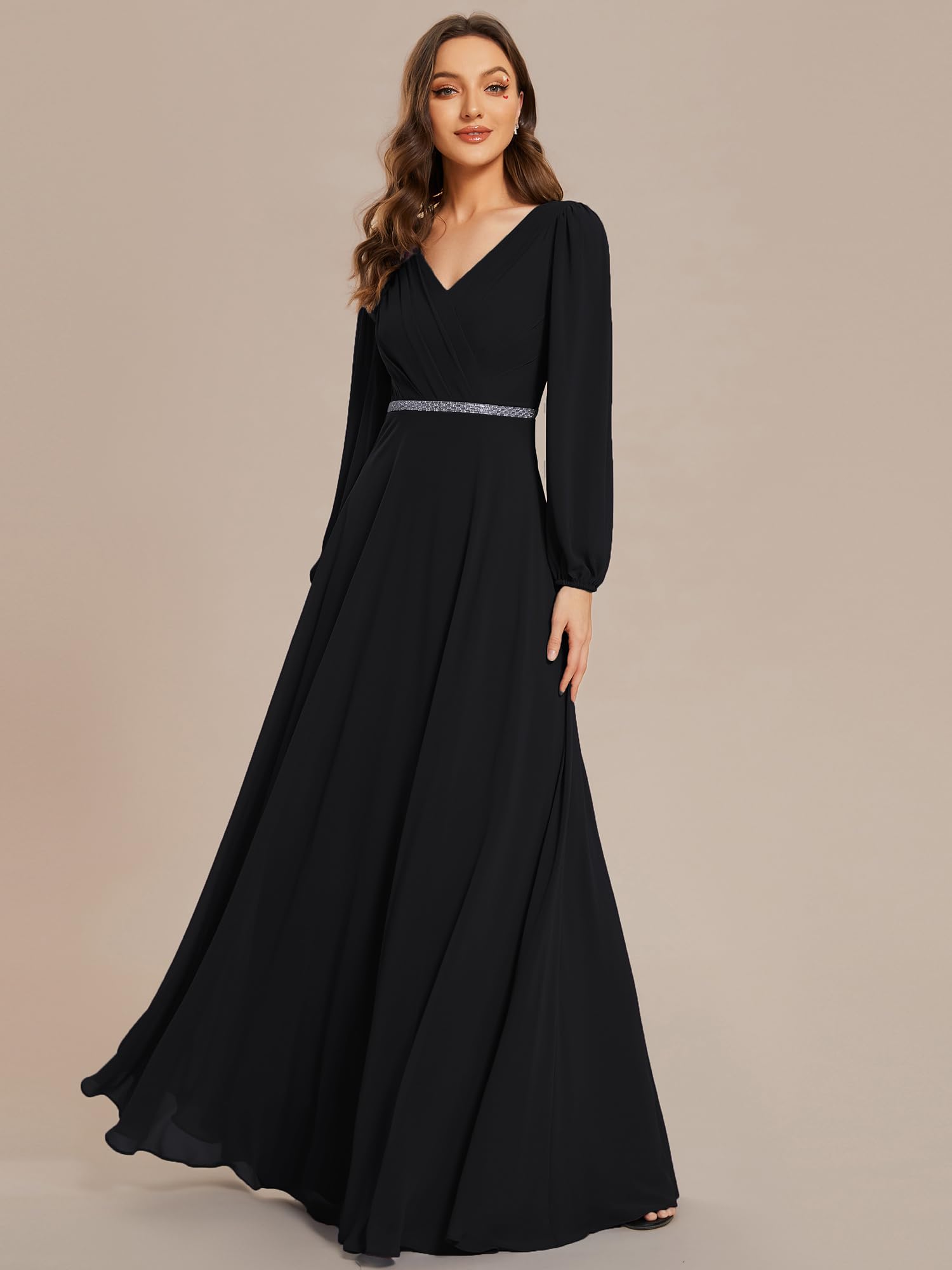 Ever-Pretty Abendkleider Elegant Für Hochzeit Lang Langarm Chiffonkleid Damen A Linie Maxi V-Ausschnitt Wedding Guest Dress EE01981