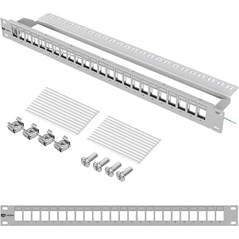 hb-digital 24 Port Patch Panel Distribution Panel Patch Panel Modular for RJ45 Keystone Module 19 Inch CAT 5 CAT 6 CAT 7 for Network Cabinet LAN Professional TIA568A TIA568B Switch Earth Cable - Light Grey
