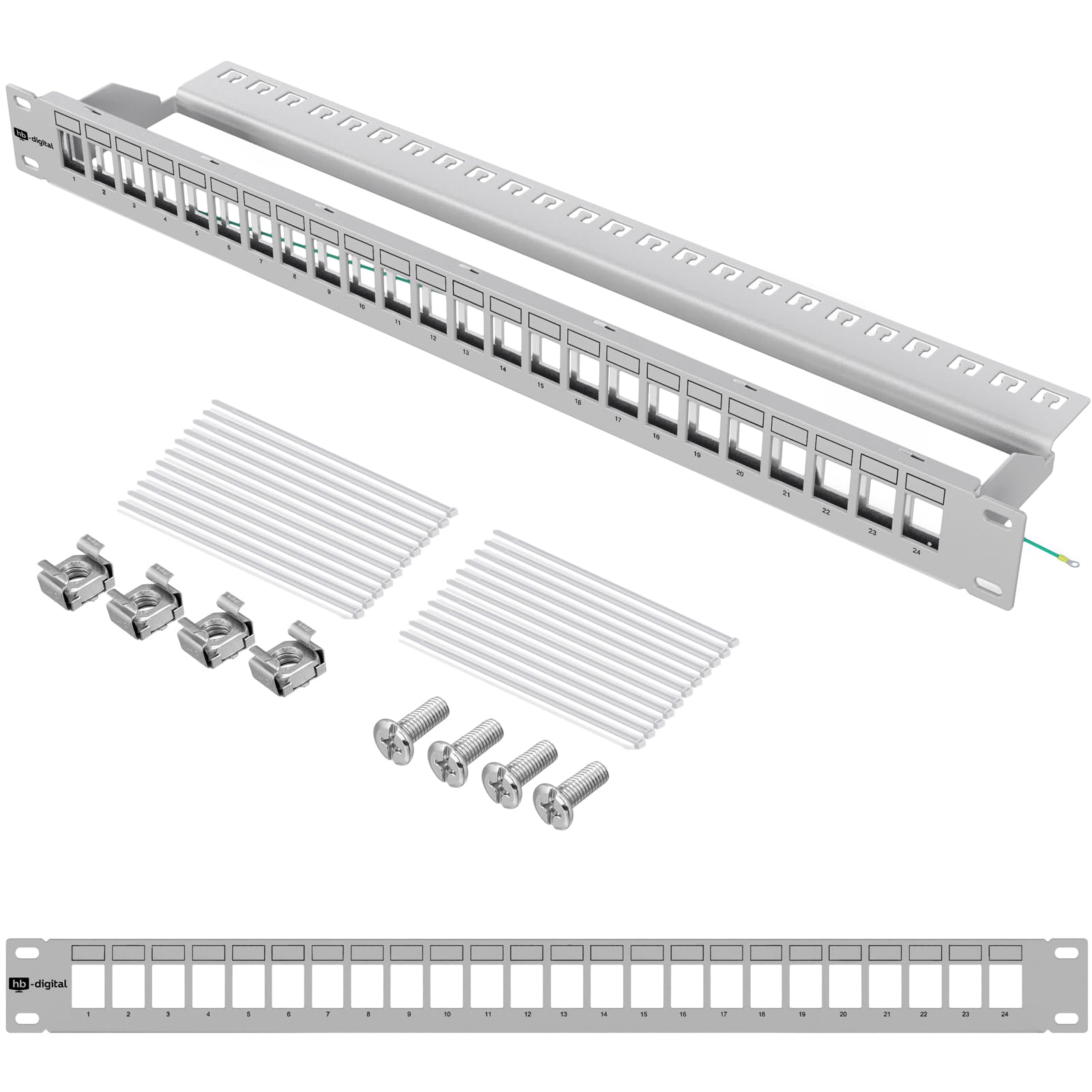 hb-digital Panel de distribución modular de 24 puertos para módulos Keystone RJ45 de 19 pulgadas, CAT 5, CAT 6, CAT 7, para armario de red LAN, profesional, TIA568A, TIA568B, cable de tierra – Gris
