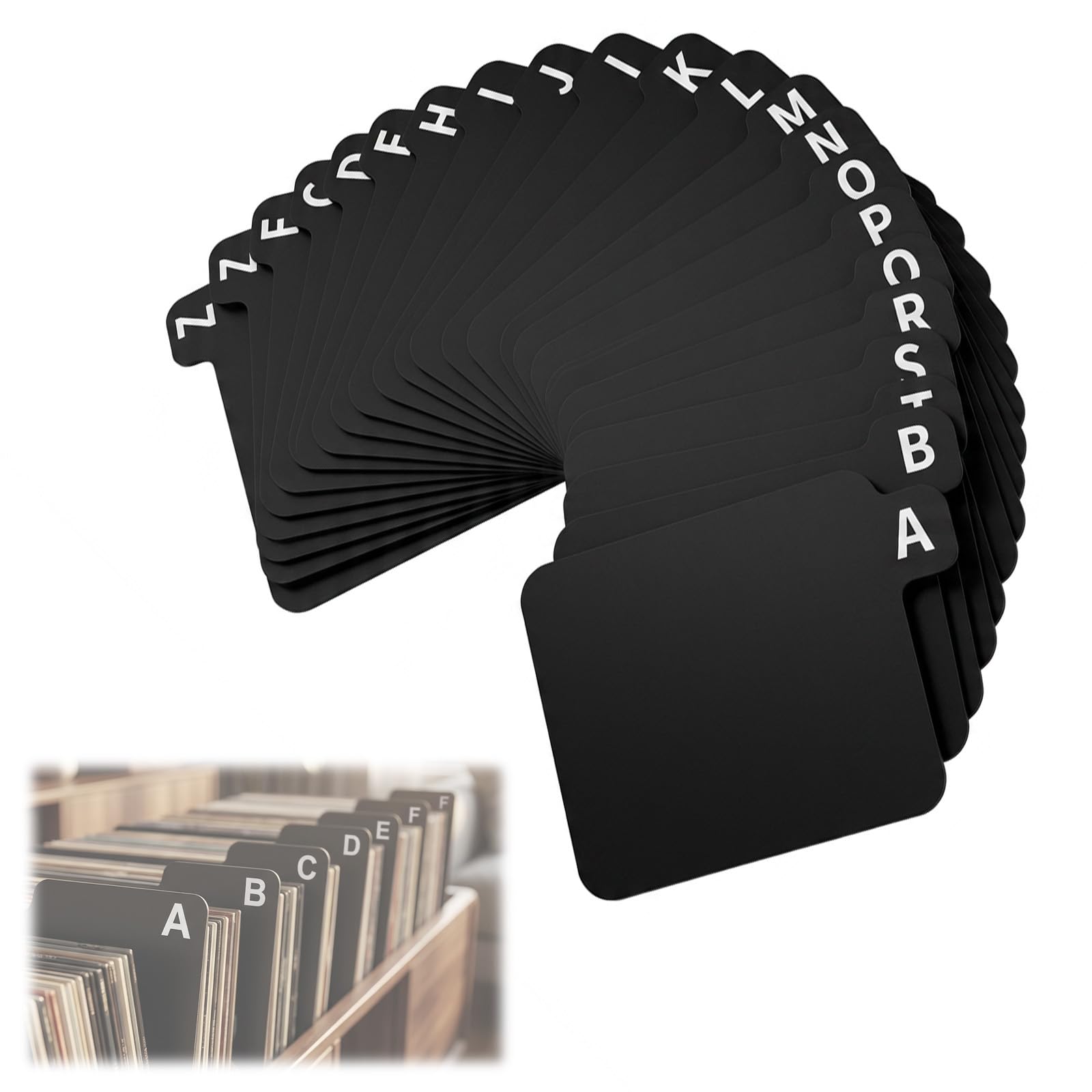 26 PCS A-Z Record Dividers Alphabet Index Tabs for Vinyl Record Dividers Books Files CD DVD Organiser Durable PP Plastic Black 12x17cm for Home Office Library Storage System