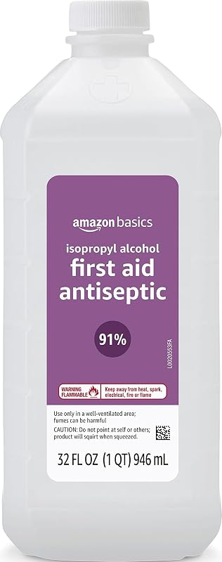 Amazon Basics Isopropyl Alcohol 91% First Aid Antiseptic, Multipurpose Disinfectant for Minor Cuts and Scrapes, Unscented, 32 fl oz Bottle, Pack of 1 (Previously Solimo)