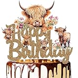 Picture of Highland Cow Happy Birthday Cake Topper - Brown Glitter Cake Decorations for Western Cowboy Theme Birthday Party and Baby Shower Supplies