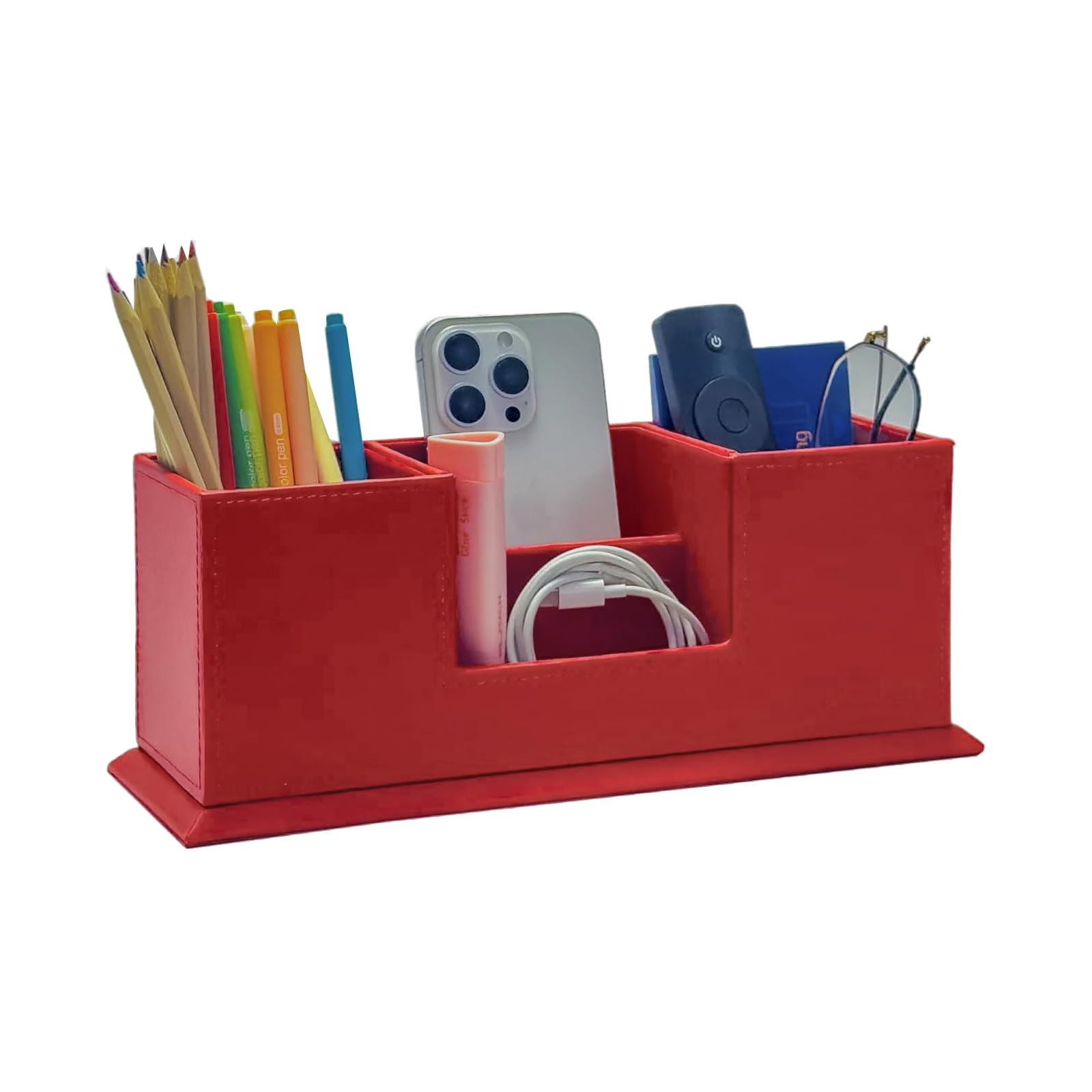 UnionBasic Desk Organizer, Desktop Caddy Leather Multi-compartment Pen Holder Office Stationer Organizer, Red