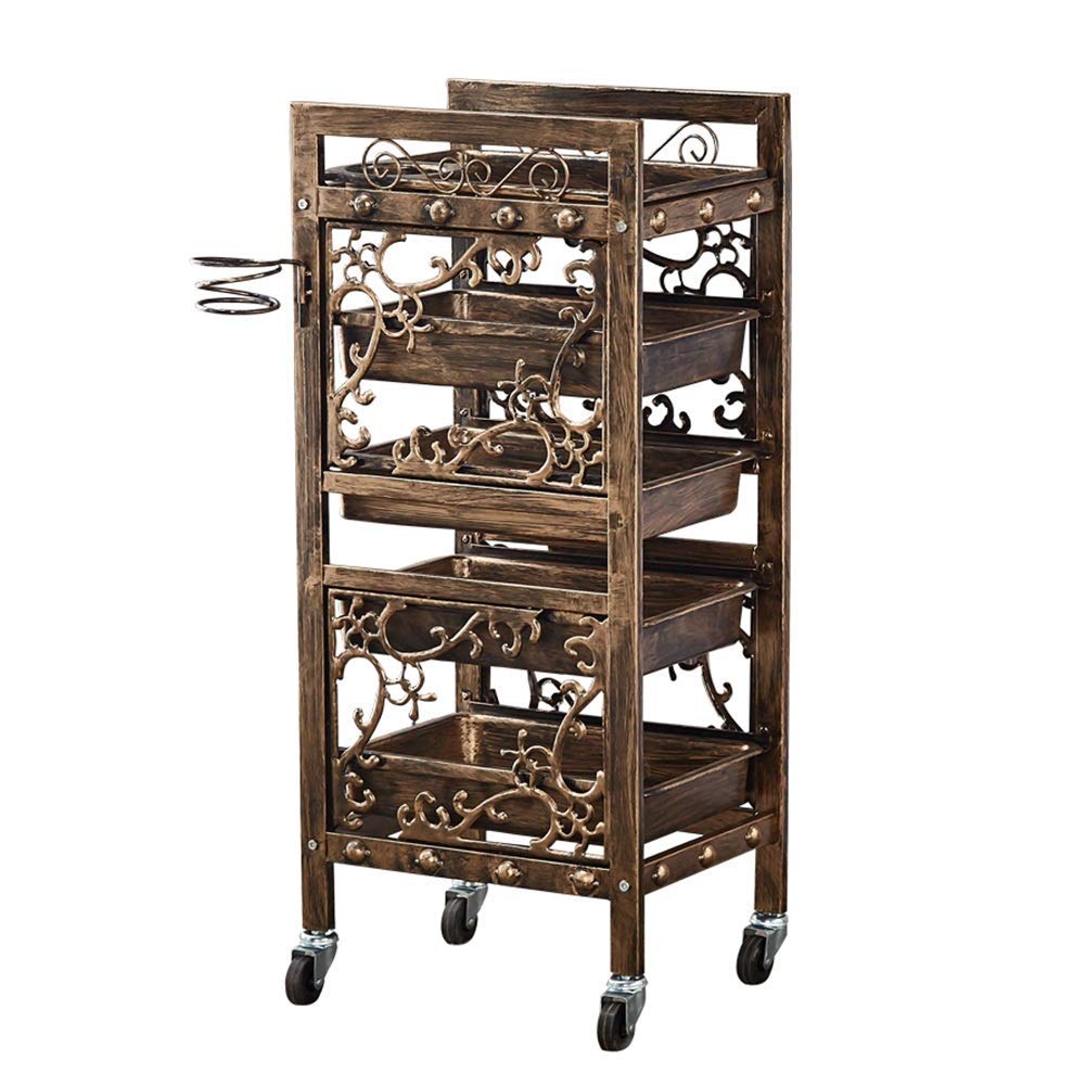 Carrello da salone di bellezza con 5 cassetti e ruote, in metallo dorato, con ripiano per barbiere, parrucchiere e spa, con 5 ripiani