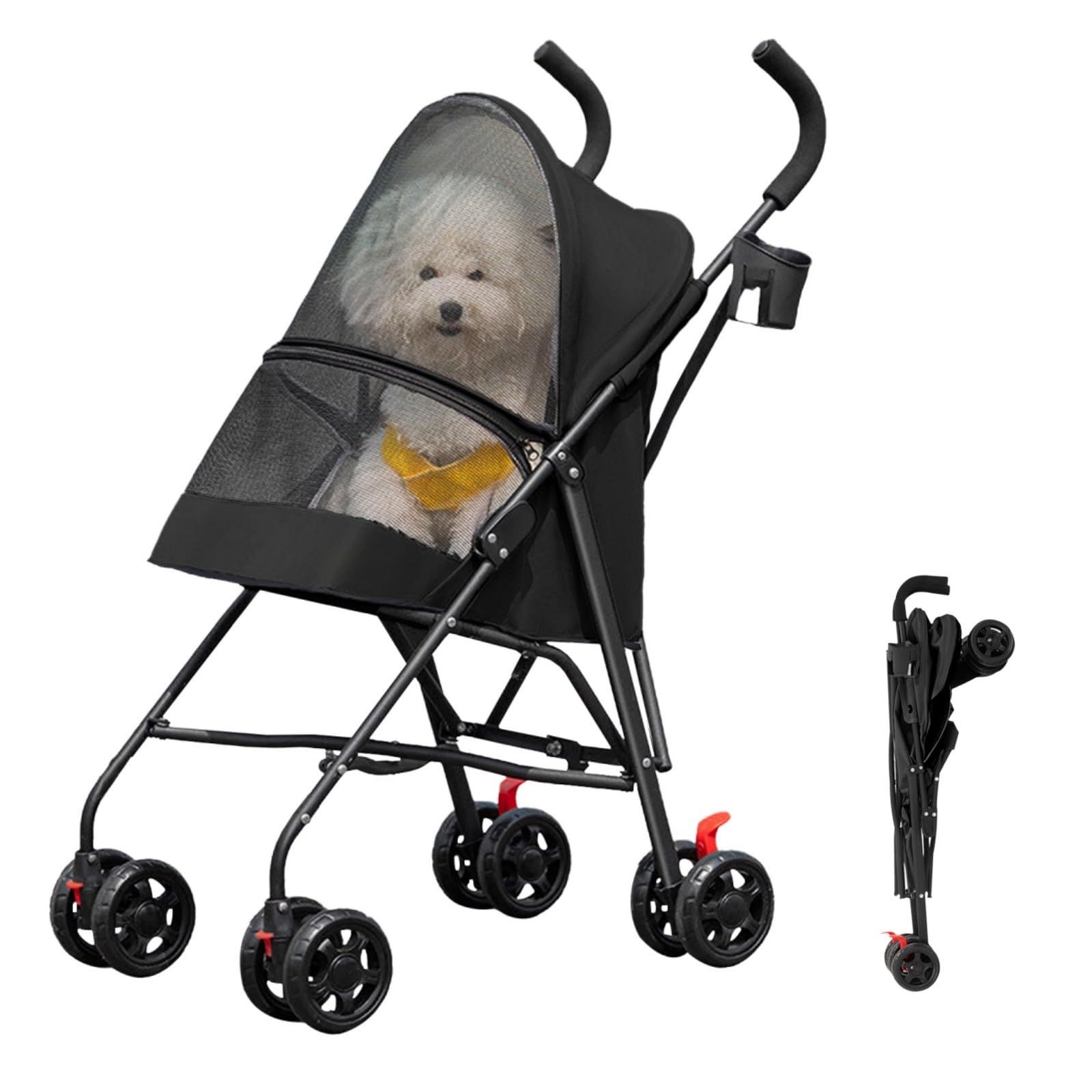 Faltbarer Hundewagen bis 15 kg – Hundebuggy in Schwarz für Kleine Hunde & Katzen mit Gepolstertem Sitz – Robuster Katzenbuggy für Outdoor & Reisen, Schmutzabweisend & Zusammenklappbar (97x55x45cm)