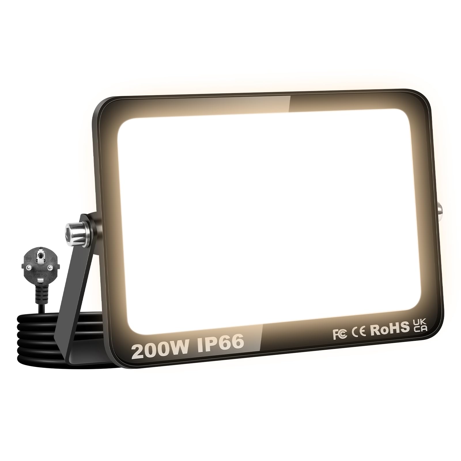 RIGIDON LED Strahler Außen & Innen mit Stecker, 200W 20000LM Außenstrahler | LED Scheiwerfer Spotlight Fluter Flutlicht 230V, IP66 Wasserdicht 3000K Warmweiß für Garage, Garten, Sportplatz, Terrasse
