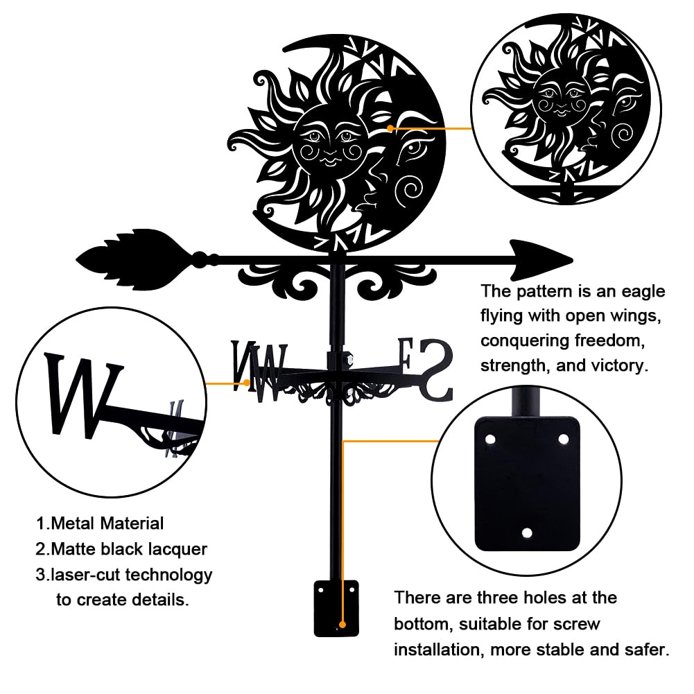 Superdant Luna Sun Weather Vanes para Cobertizos, Veletas de Metal con Indicador de Dirección Negro para Jardín y Arte