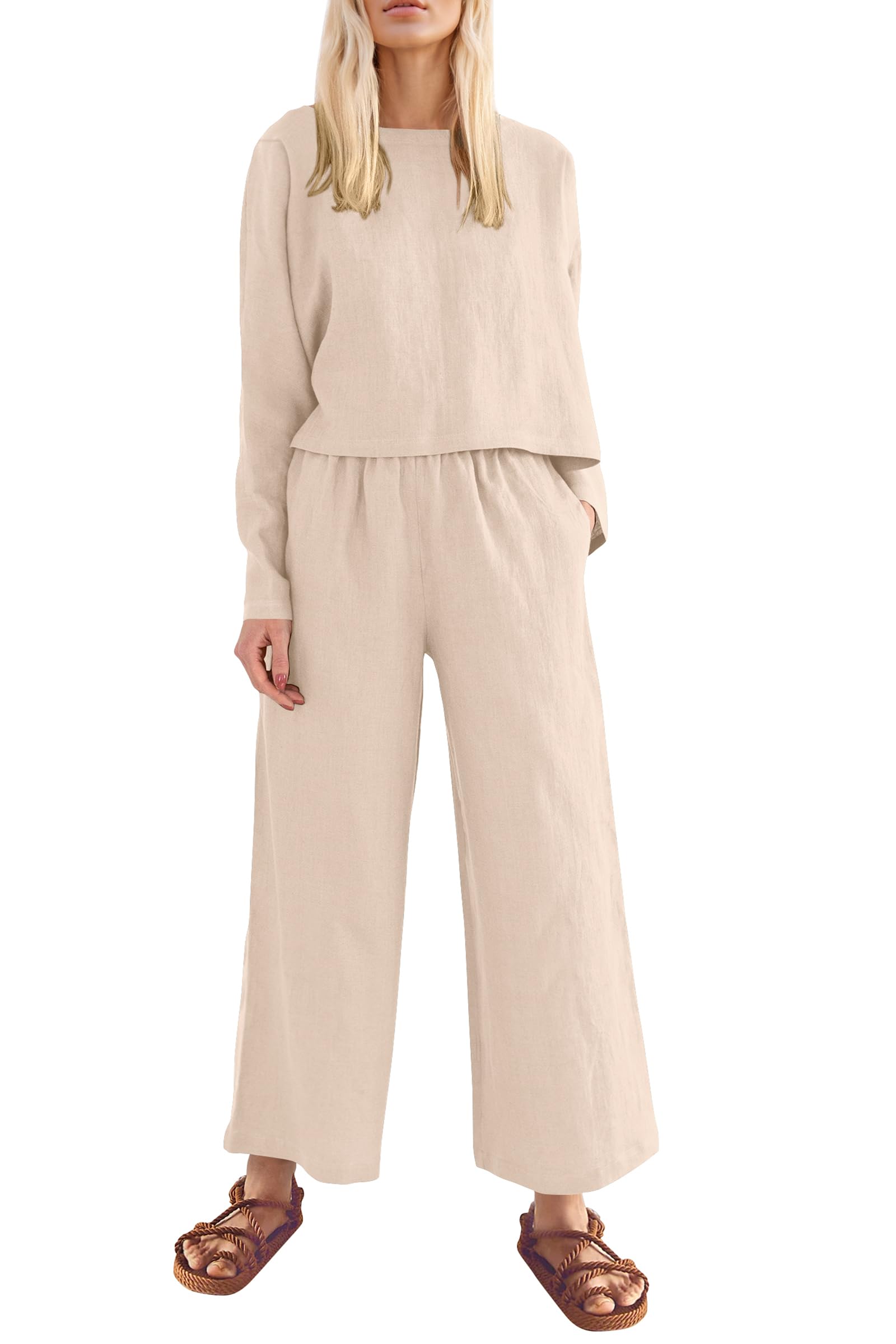 PRETTYGARDEN Women's 2024 Fall 2 Piece Outfit Tracksuits Casual Linen Long Sleeve Tops And Wide Leg Pants Lounge Sets (Beige,Medium)