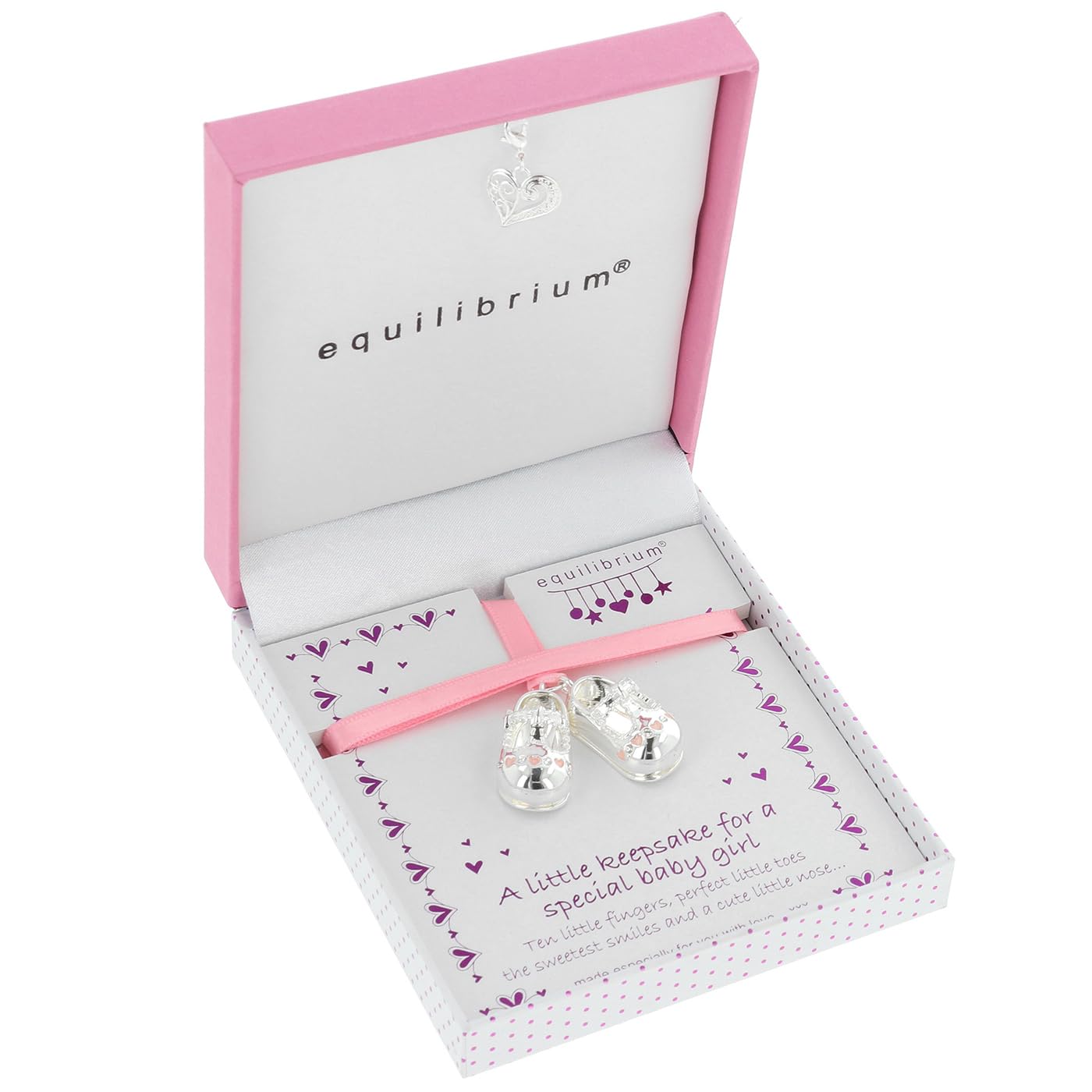 Equilibrium Baby Girl Silver Plated Keepsake Shoes with Heart Charm, Gift Box, (H: 3.3 x W: 1.6 x D: 1.5)
