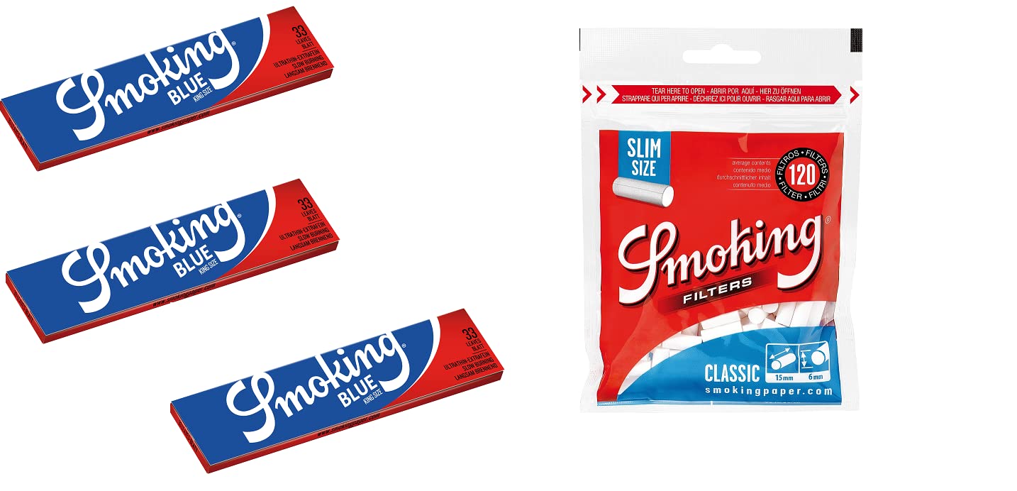 Smoking KS Blue (Pack of 3) and Smoking Classic Slim Long Filter Tips (1 Pouch) by Smoking Trading House