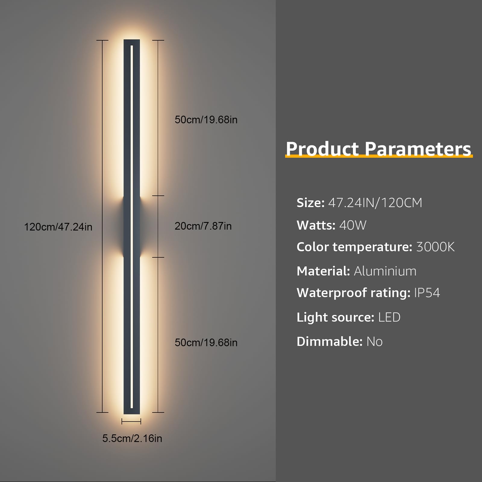 K-Bright Lampada da Parete Esterno/Interno LED 3000K Bianco Caldo IP54 Applique da Parete Esterno 120CM Moderno per Balcone Giardino Veranda Via Garage, Antracite