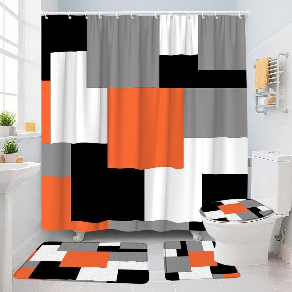 4Pcs Black White Gray Orange Geometric Pattern Abstract Modern Shower Curtain Sets with Bath Mat and Toilet Lid Cover,Fabric Bathroom Set with Hooks Orange
