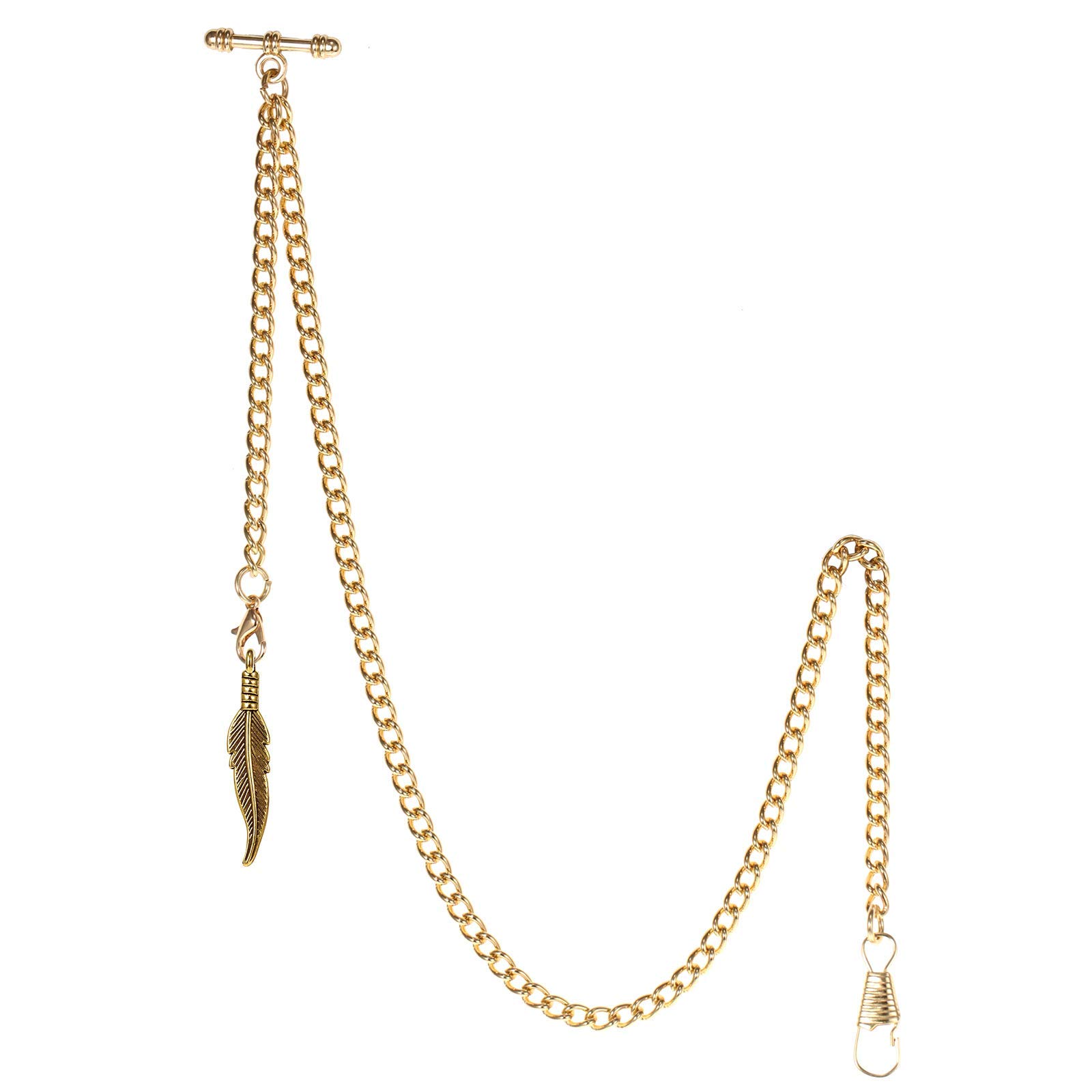 Men's Albert Chain Pocket Watch Curb Link Key Chain 2 Hooks with Antique Leaf Pendant Charm Design Copper Fob T Bar