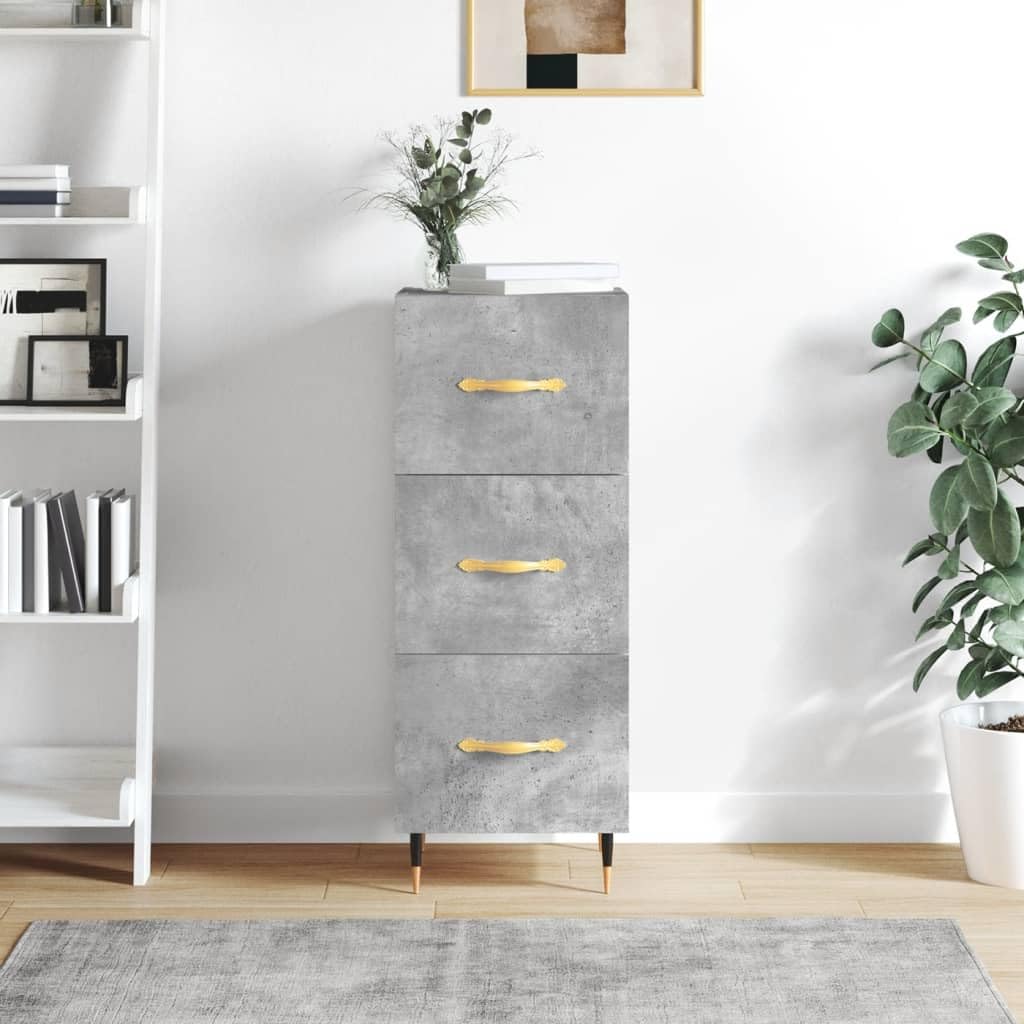 Credenza in legno grigio cemento con gambe in metallo, 34,5 x 34 x 90 cm, moderna, per soggiorno, con cassetti e vano portaoggetti, per corridoio, camera da letto, sala da pranzo