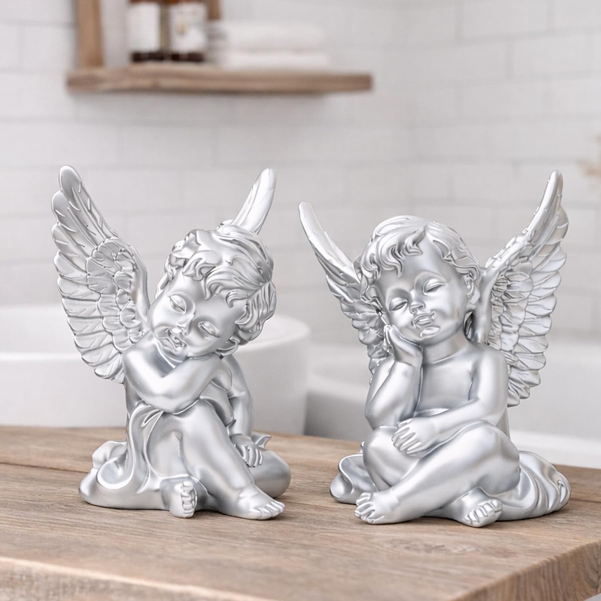 OwMell Set of 2 Cherubs Angels Resin Statue Figuri...
