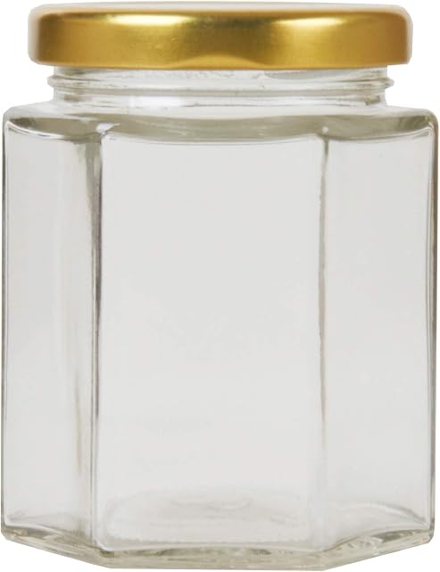 196ml/8oz Pack of 72 Hexagonal Jam Jars with Lids, Glass Storage Honey Jars Pickles Chutneys with Screw Gold Lid