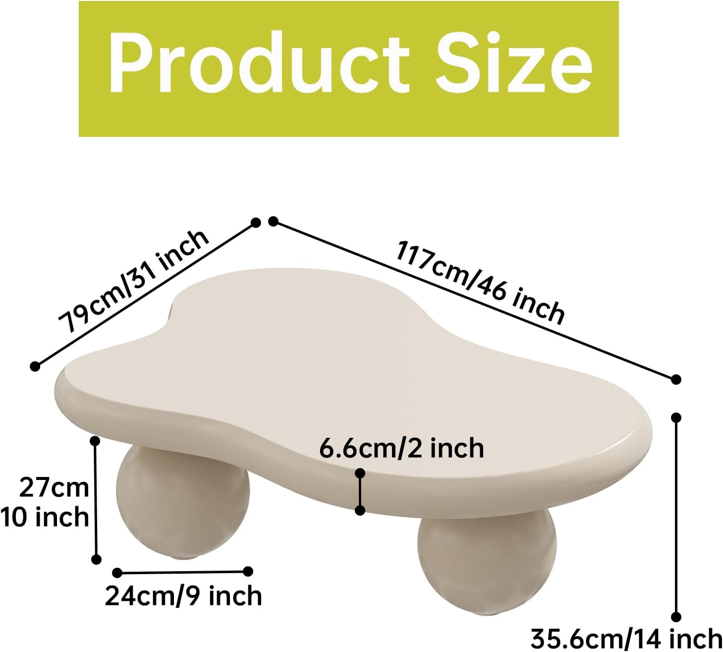 Cloud Coffee Table for Living Room Modern Irregular Coffee Table Unique Asymmetrical Pedestal Coffee Tables Low Center Table for Small Spaces for Tatami Apartment (A Cream 46in)