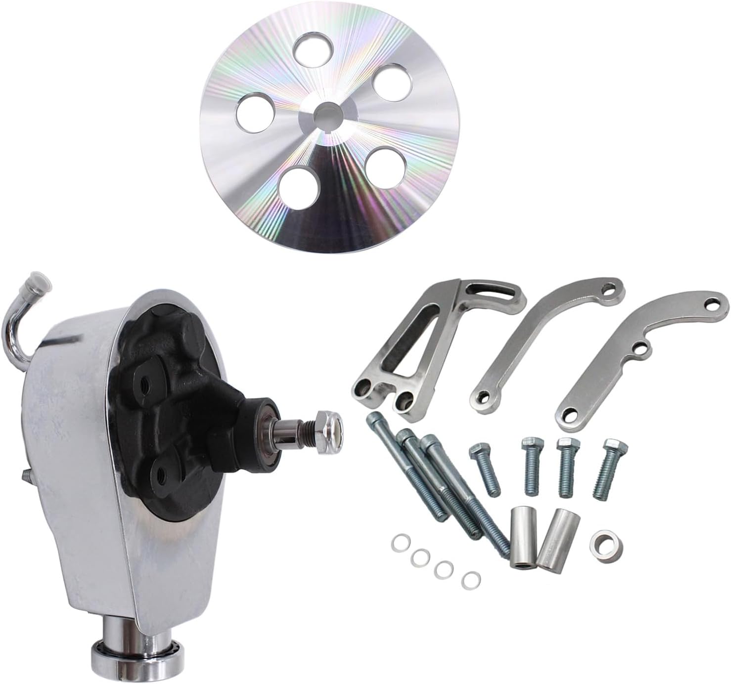 BestParts Chrome LWP Power Steering Pump with Bracket and 1 Groove Pulley Kit Compatible with Small Block Chevy Long Water Pump SBC 265 283 305 327 350 383 400 V8 Replace Keyway style 5/8"