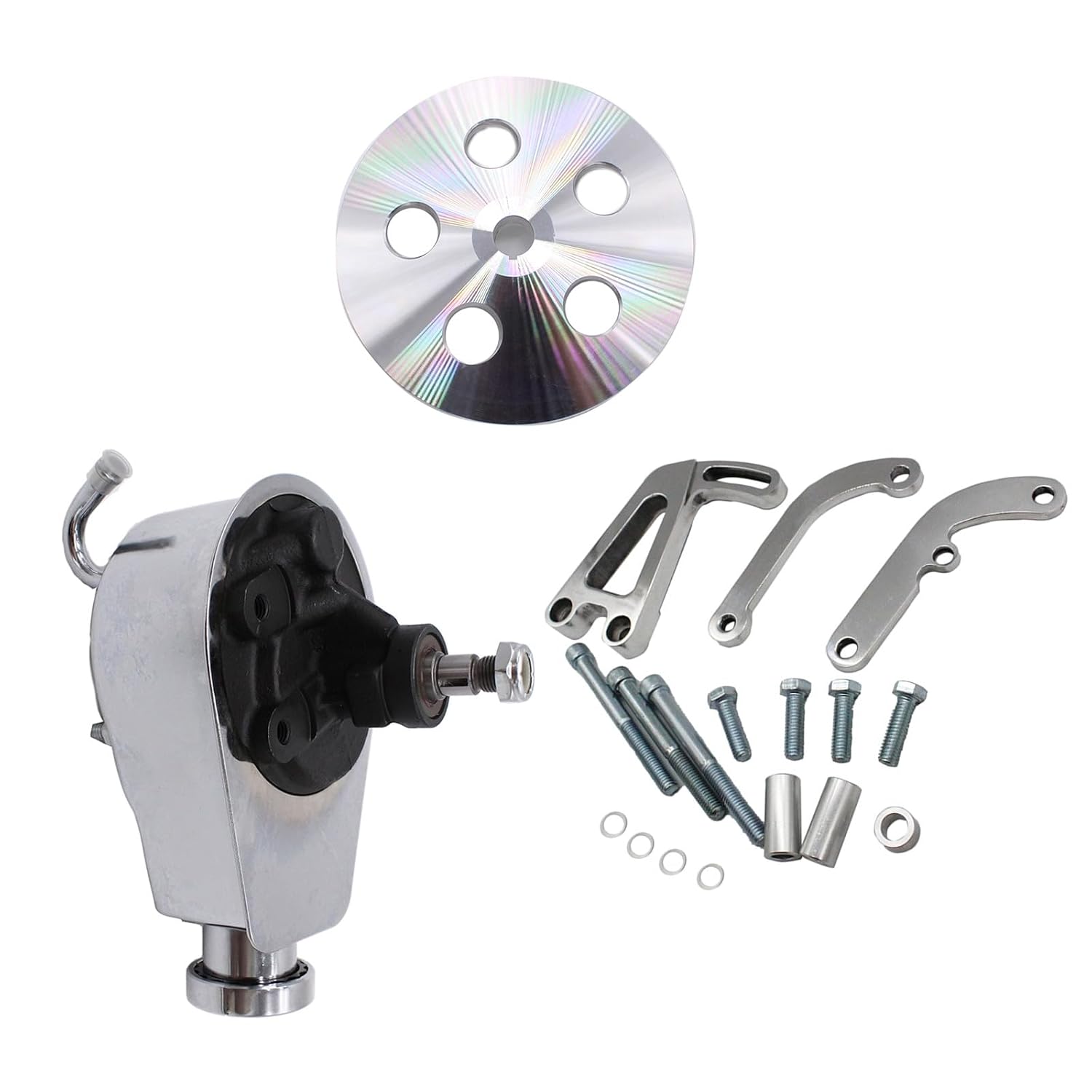 Chrome Power Steering Pump and Bracket and 1 Groove Pulley Kit Compatible with Small Block Chevy Long Water Pump SBC 265 283 305 327 350 383 400 V8 LWP Engines