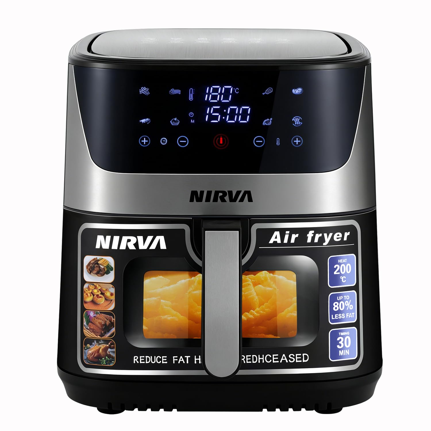 Nirva Heißluftfritteuse 8,5 L, ölfrei, 1700W große Airfryer, Rösten, Backen, Air Fry, Antihaftbeschichtet, Spülmaschinenfester Korb, Sichtfenster, Schwarz/Edelstahl, Für Einzelpersonen oder Familien