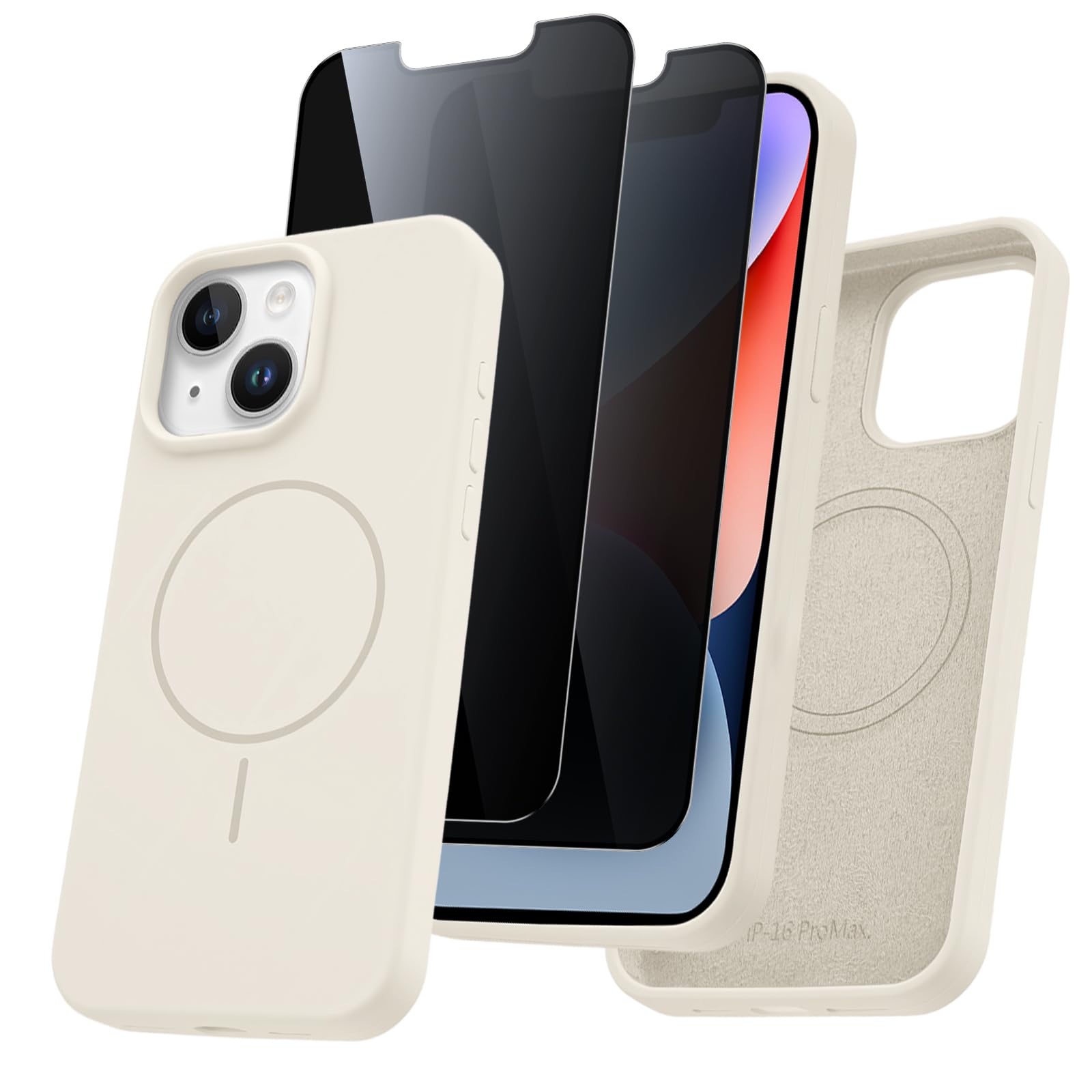 Pnakqil Magnética Funda para iPhone 14 Plus/15 Plus con 2 Piezas Protector Pantalla Antiespia, Compatible con MagSafe Silicona Líquida Carcasa, Antigolpes TPU Case para iPhone 14 Plus/15 Plus, Blanco