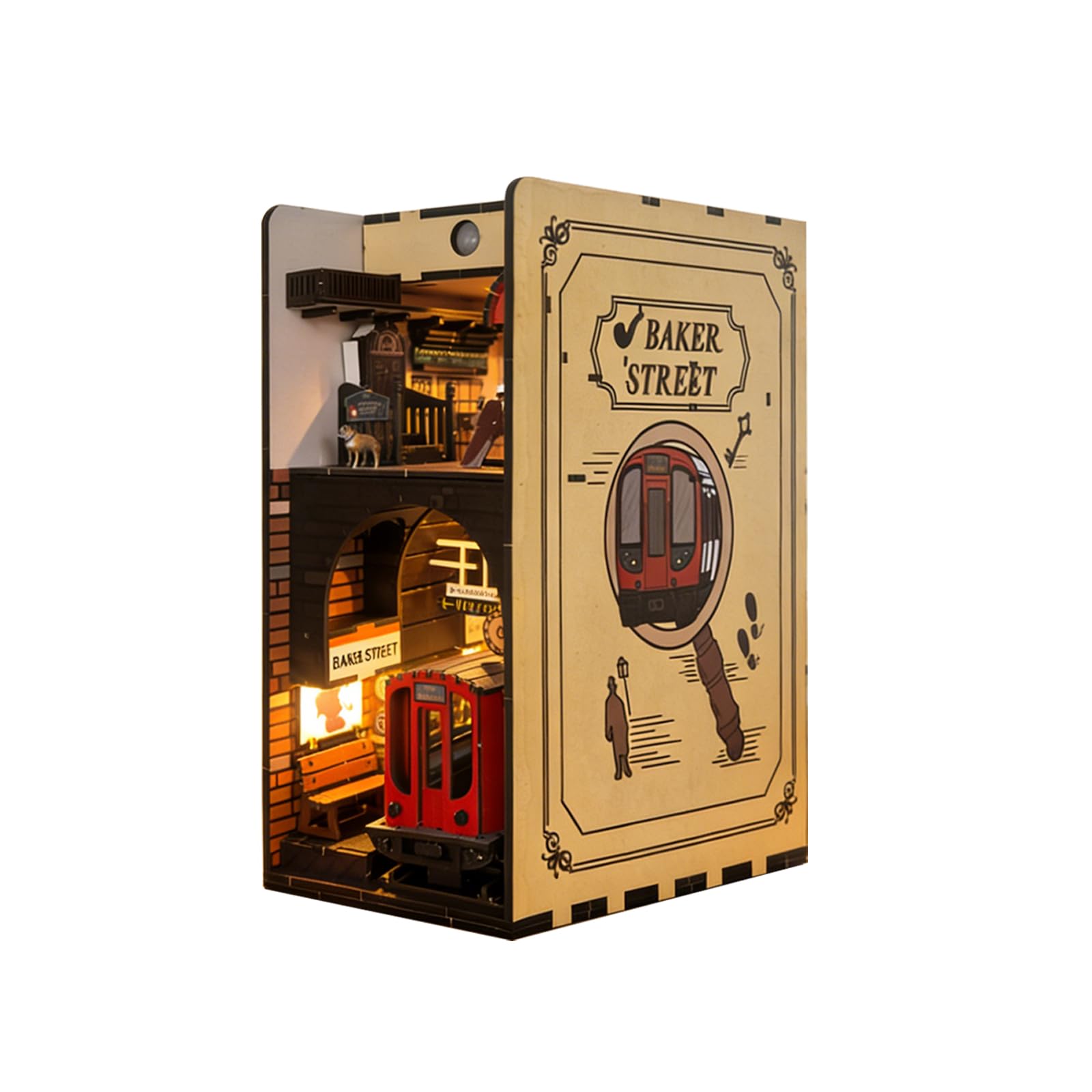 Music Park Book Nook Kit Baker Street with Sensor Lights DIY Miniature London Street Scene 3D Wooden Puzzle Bookshelf Decor for Adults Christmas Birthday Gifts