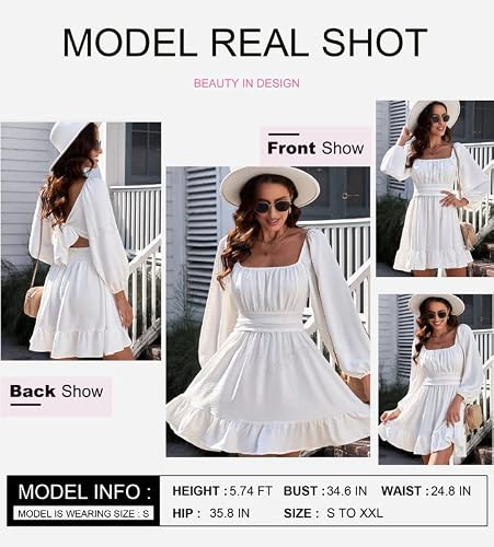 Dokotoo Women's Square Neck Tie Back Off The Shoulder Dress Long Lantern Sleeve Ruffle A-Line Dress Elastic Waist Casual Mini Dress For Women Large White #TOP17