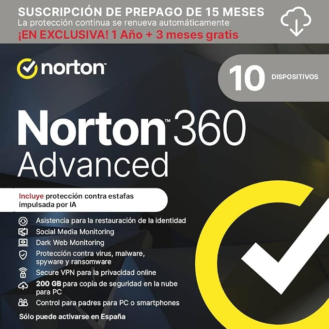 Norton 360 Advanced 2026 - Antivirus y Seguridad Digital para 10 Dispositivos