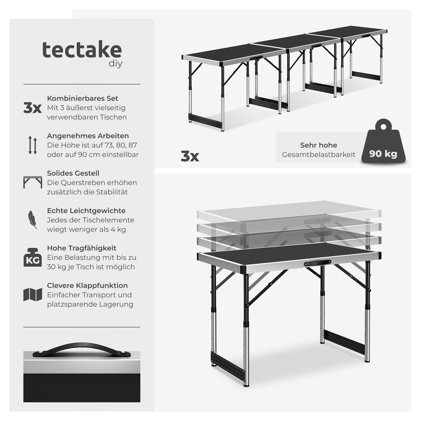 tectake Alu Tapeziertisch 3 teilig, Multifunktionstisch, Mehrzwecktisch, Campingtisch, 100 x 60 cm, Partytisch, Flohmarkttisch, Arbeitstisch klappbar, höhenverstellbar, MDF Platten - schwarz