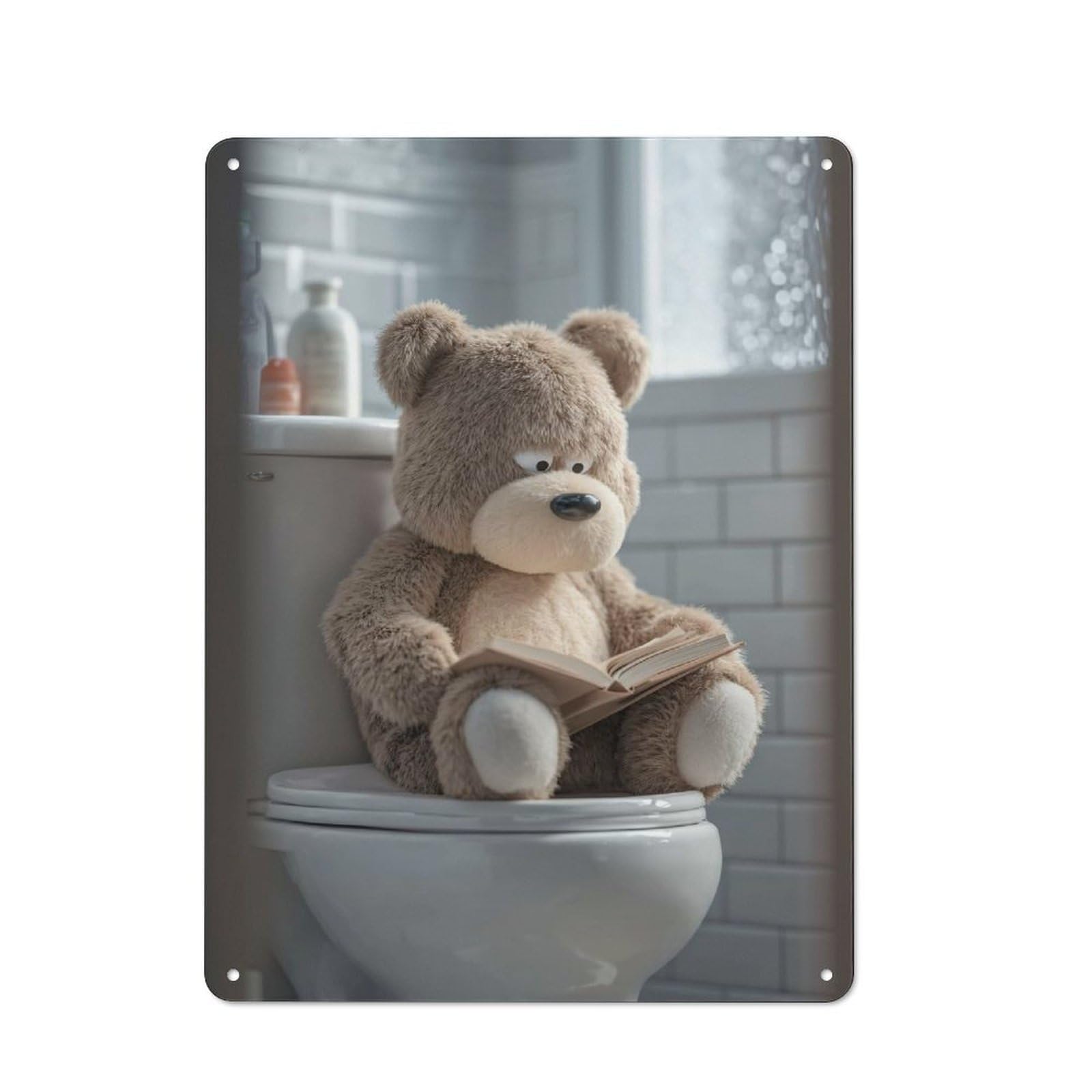 Junmoney Style Vintage Metal Plaque 40X30cm Featuring Teddy Bear Reading On Toilet For Hallway Wall, For Wall Display Collectors