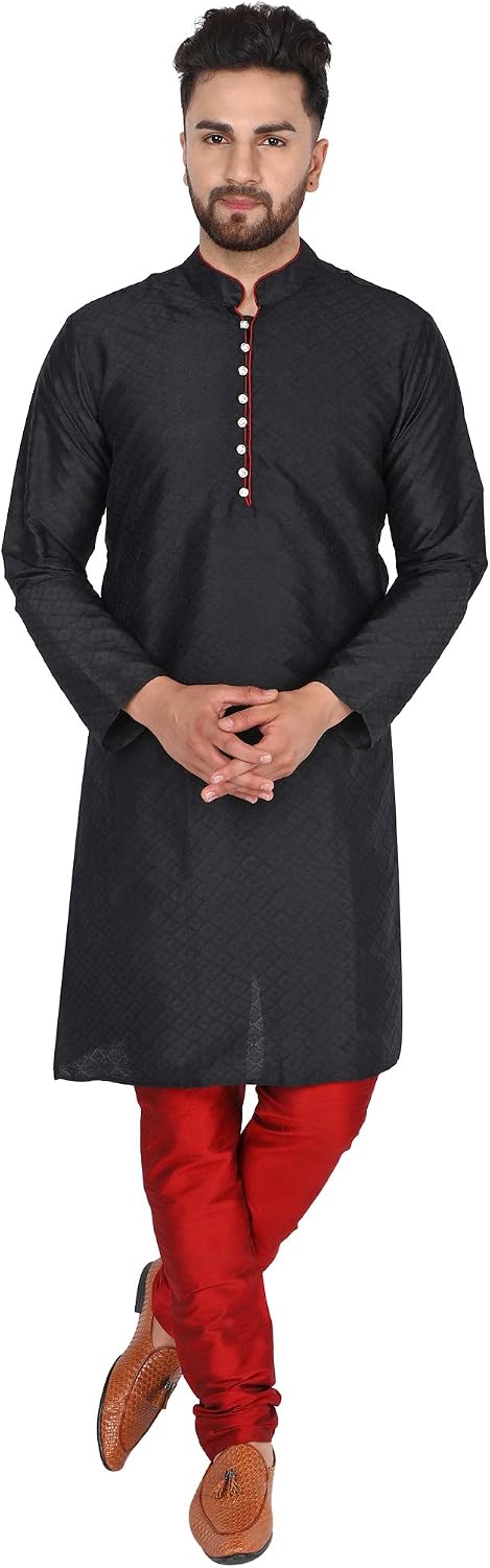 SKAVIJ Men's Tunic Kurta Pajamas Checked Party Clothing