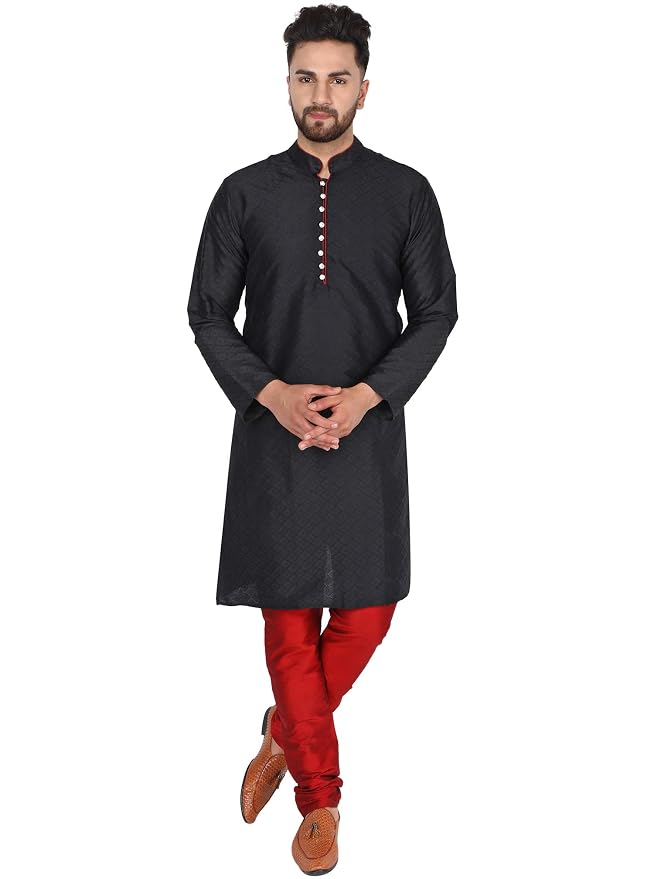 SKAVIJ Men's Art Silk Woven Design Kurta Pajama Set Festive Jacquard 2-Piece Ethnic Dress
