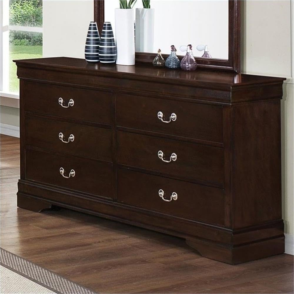 BOWERY HILL 6 Drawer Double Dresser, 58.25 in Wide, Cappuccino Finish, Asian Hardwood and Veneer, Traditional Style Solid Wood Bedroom Storage Furniture