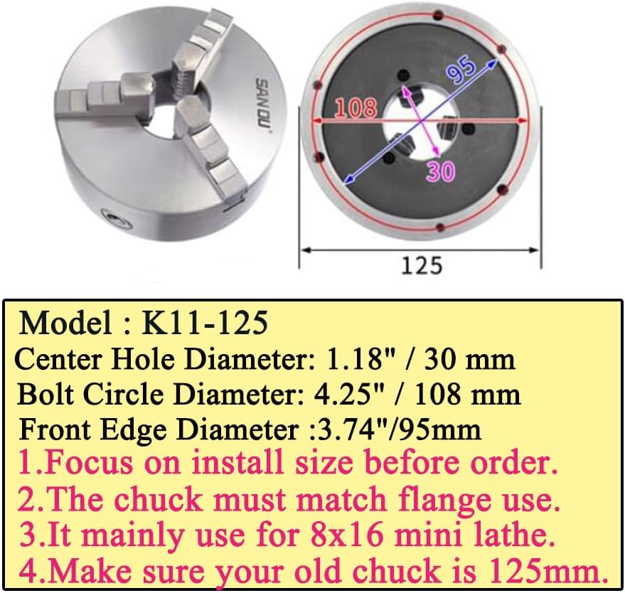 SANOU Manual Metal Lathe Chuck - 5 Inch 3 Jaw Self-Centering Scroll Chuck