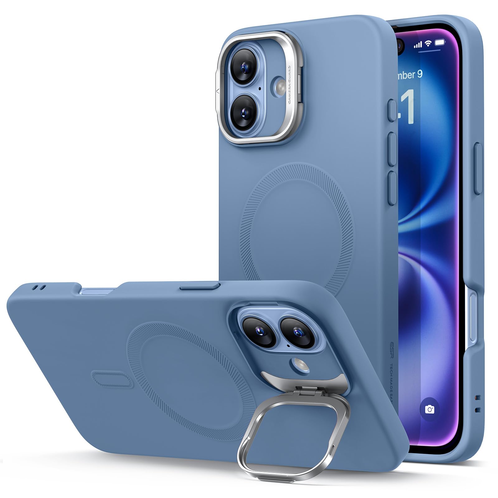 ESR for iPhone 16 Case, Silicone Case with Stand, Compatible with MagSafe, Military-Grade Protection, Built-in Camera Stash Stand, Magnetic Phone Case for iPhone 16, Cloud Series, Light Blue