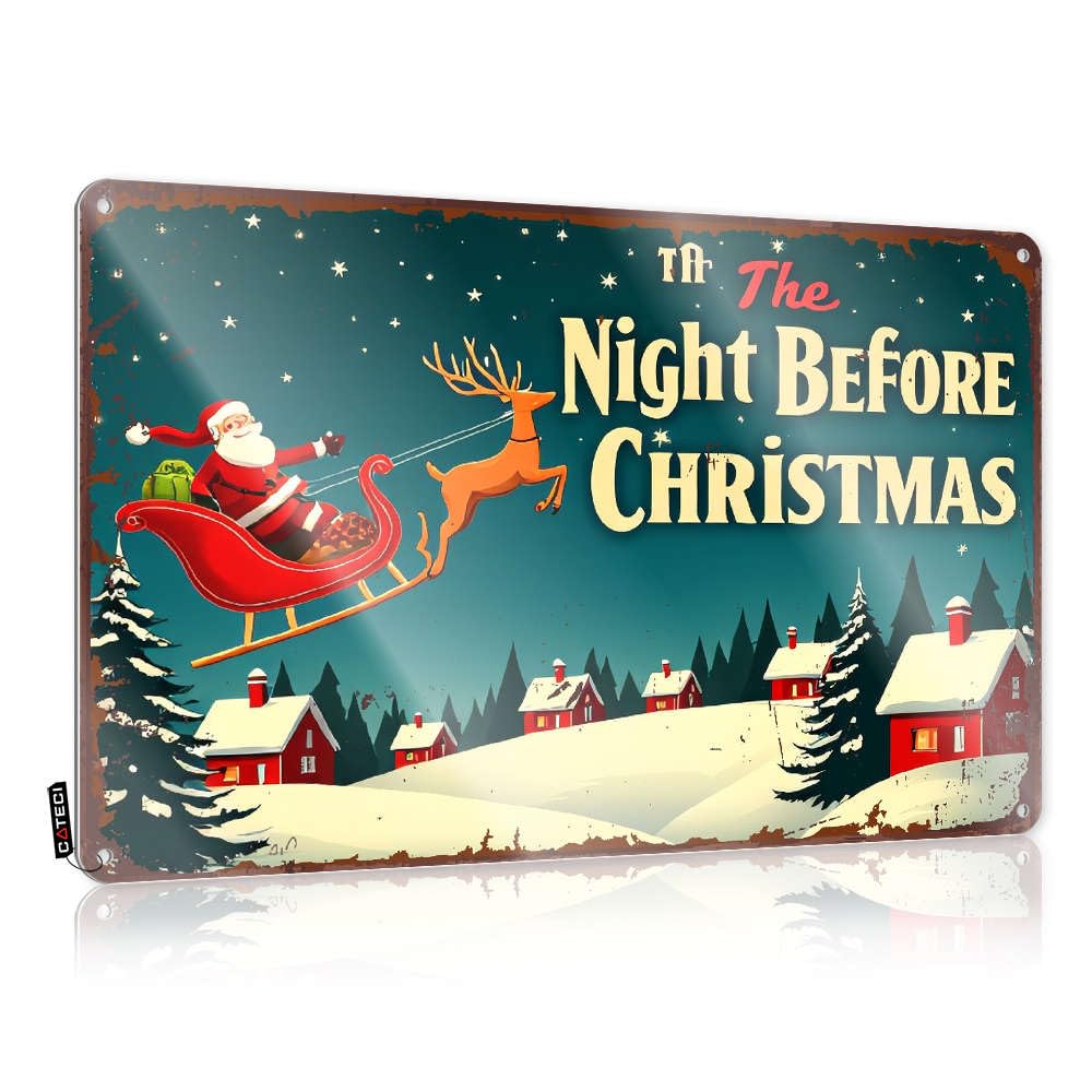 Vintage Decor For Outside Tin Plate Sign Welcome Highland Pre-drilled Metal Art/Cute Retro Feminine Boutique Style Wall Santa Claus Flies On His Sleigh With Reindeer Over A(30X40CM)