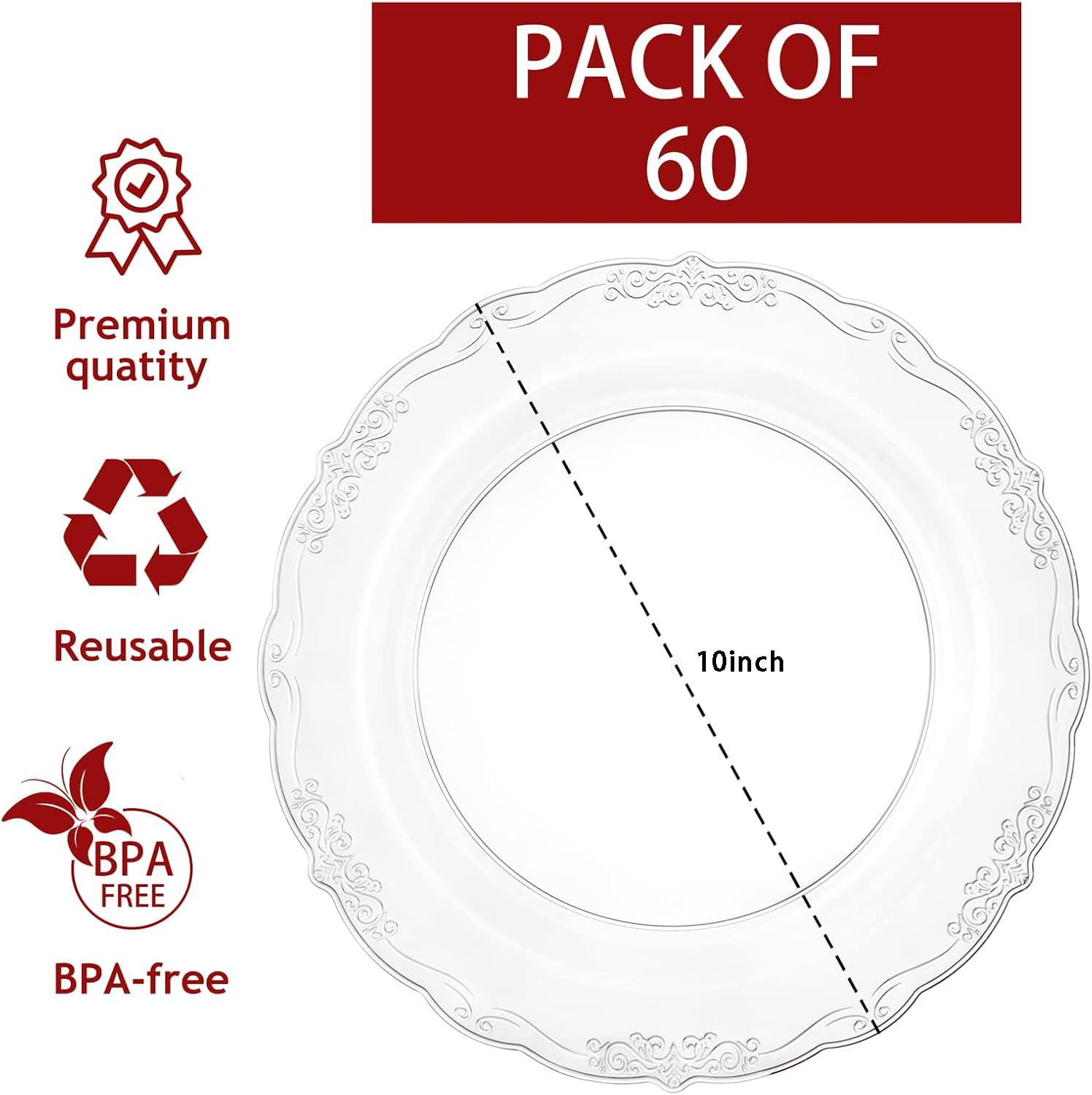 U-QE 60 Pieces Clear Plastic Plates - 10 Inch Clear Disposable Plates - Washable & Reusable - Premium Hard Disposable Dinner Plates - Party Supplies for Birthdays, Celebrations, Wedding and Events