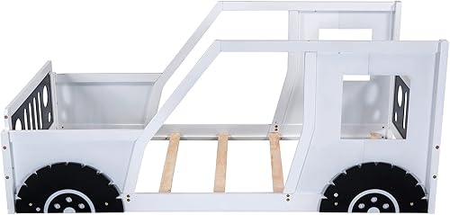Miniatura 5 de Cama de plataforma de tamaño individual, cama de plataforma en forma de automóvil con ruedas y ventanas, marco de cama de madera maciza con soporte
