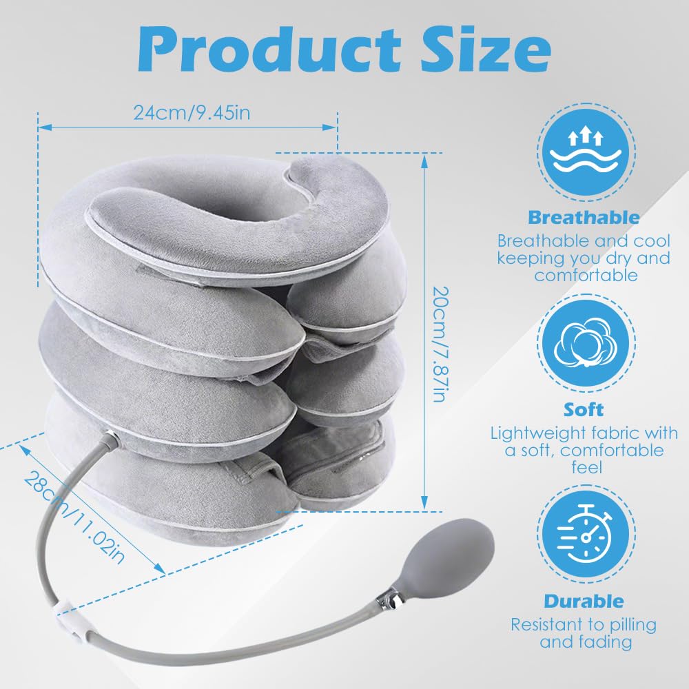 Étireur cervical gonflable, Soutien du cou avec conception d'étirement à 3 niveaux et support mentonnier, Oreiller cervical gonflable, Minerve pour le soulagement des douleurs chroniques (Gris clair)