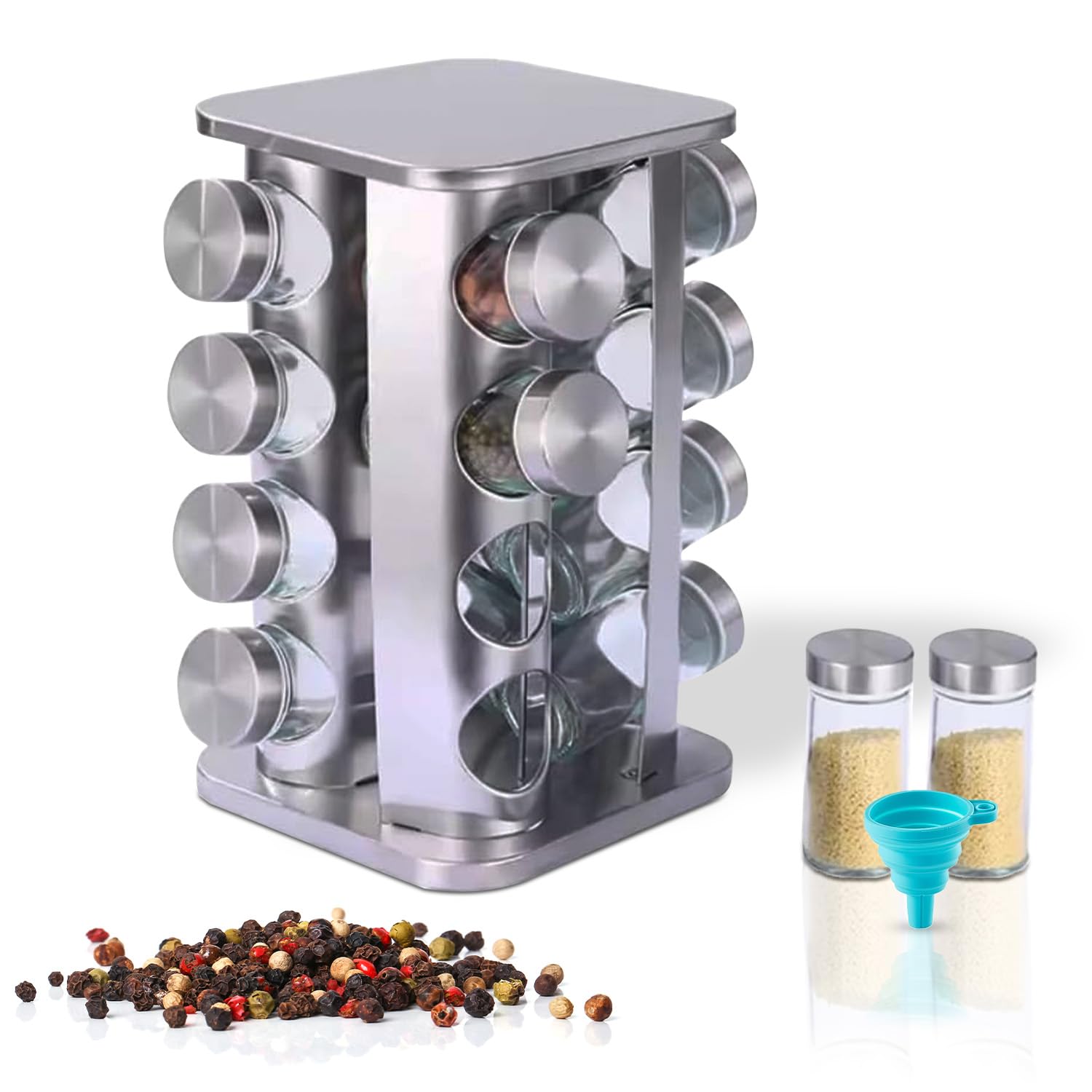 Vr7 Silver Stainless Steel 360 Rotatable Spice Rack & 16 Jars With Lids And Labels Free Standing Kitchen Spices Rotating Organiser Spinning Rack Large Revolving Carousel Spice Glass Jars Holder