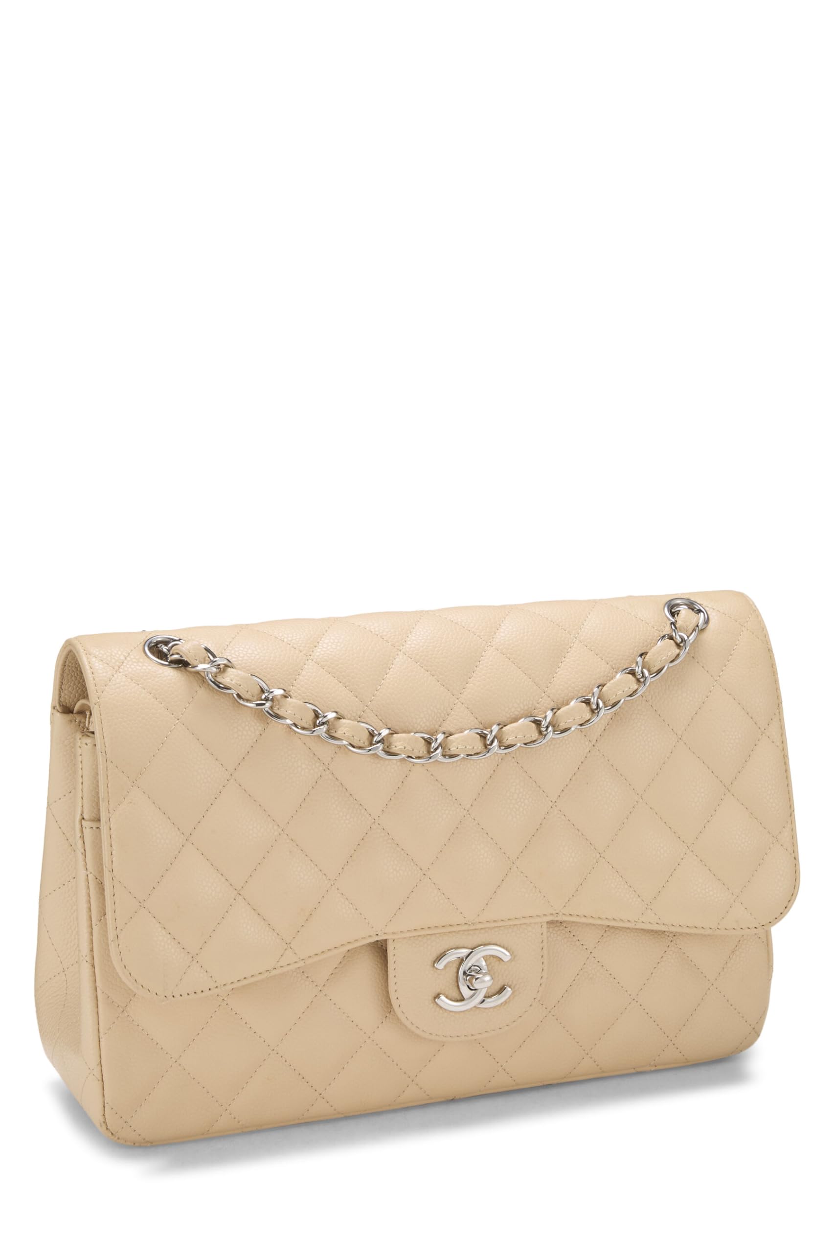 Chanel, Pre-Loved Beige Quilted Caviar New Classic Double Flap Jumbo, Beige