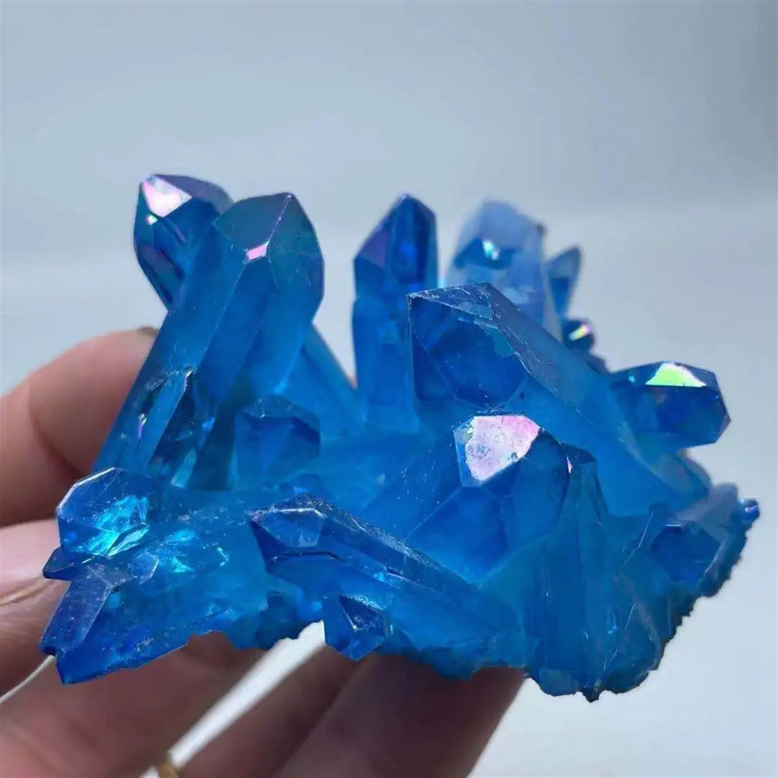 JRBJWYVV Beautiful Blue Angel Aura Crystal Cluster Electroplating Titanium Coating Quartz Cluster Stone Ornaments (Size : 80-100g)