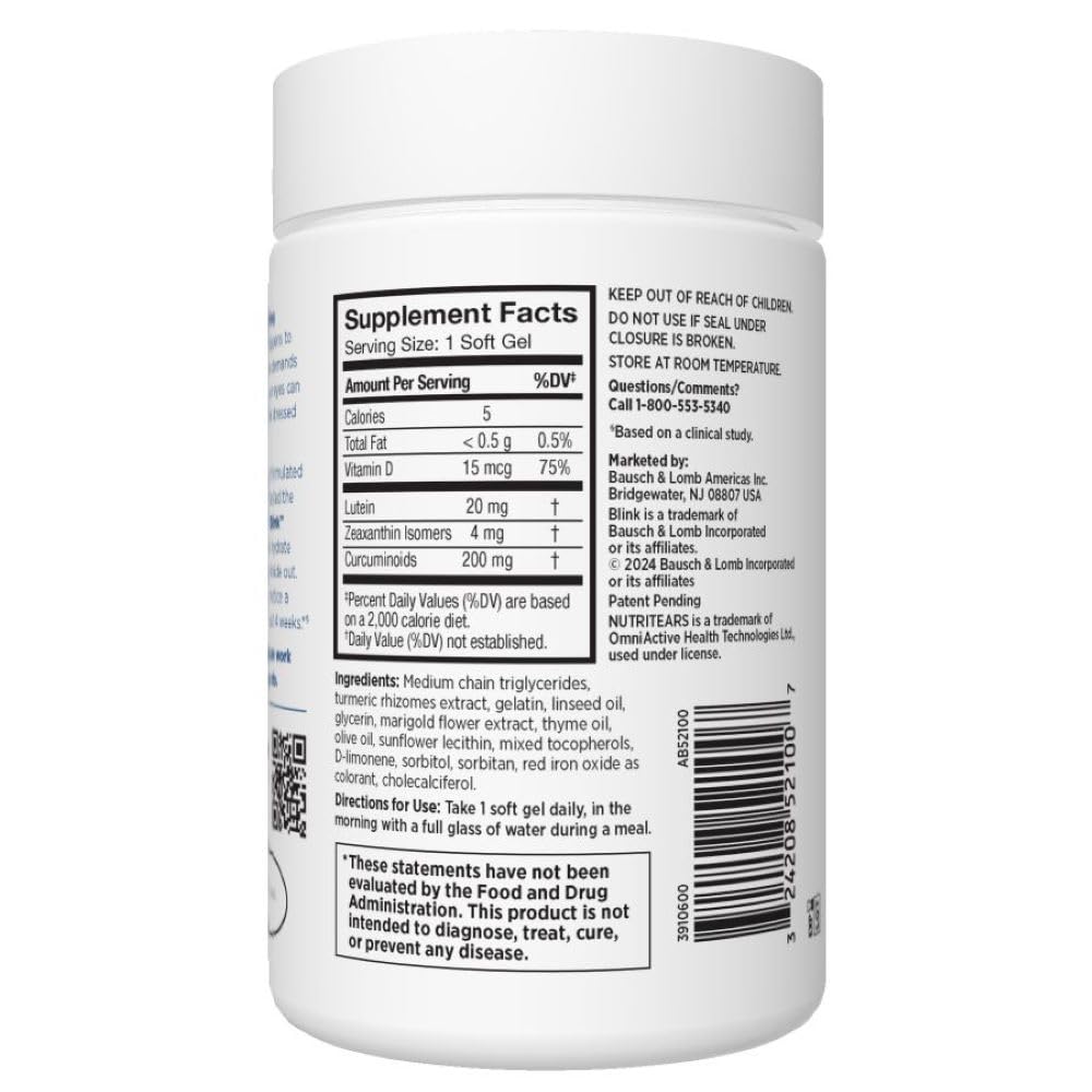 BLINK NutriTears Clinically Proven Supplement for Dry Eyes,Eye Care with Lutein & Zeaxanthin and Vitamin D to Hydrate Eyes from Within for Long-Lasting Relief,50 Softgels,(Pack of 2) — Amazon image 7