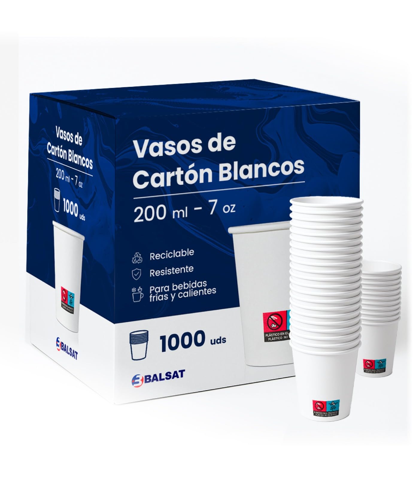 BALSAT Vaso Papel Blanco 200 ml. Fuentes de Agua, Bebidas para llevar, Resistente al calor y al frio. Reciclable y compostables (1000)