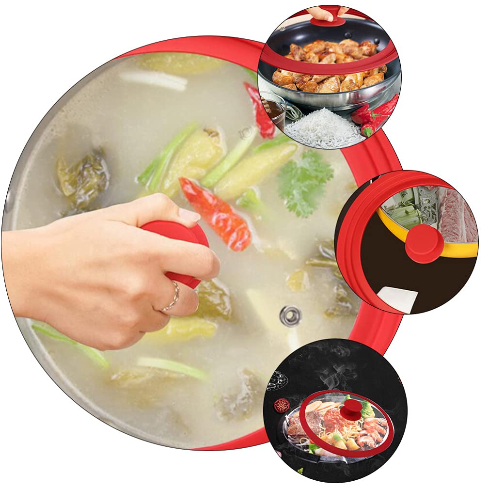 Tapa de Olla Visible Multiusos de Vidrio Templado Rojo para Freír | Anticalor, Resiste Cambios Bruscos, Cierre Seguro, Pomo Integrado, para Cazo y Olla de Guiso